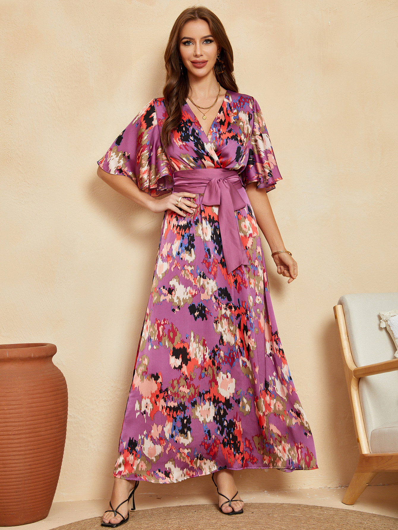 Vibrant Floral Wrap Belted Flutter Sleeve Maxi Dress W-32906