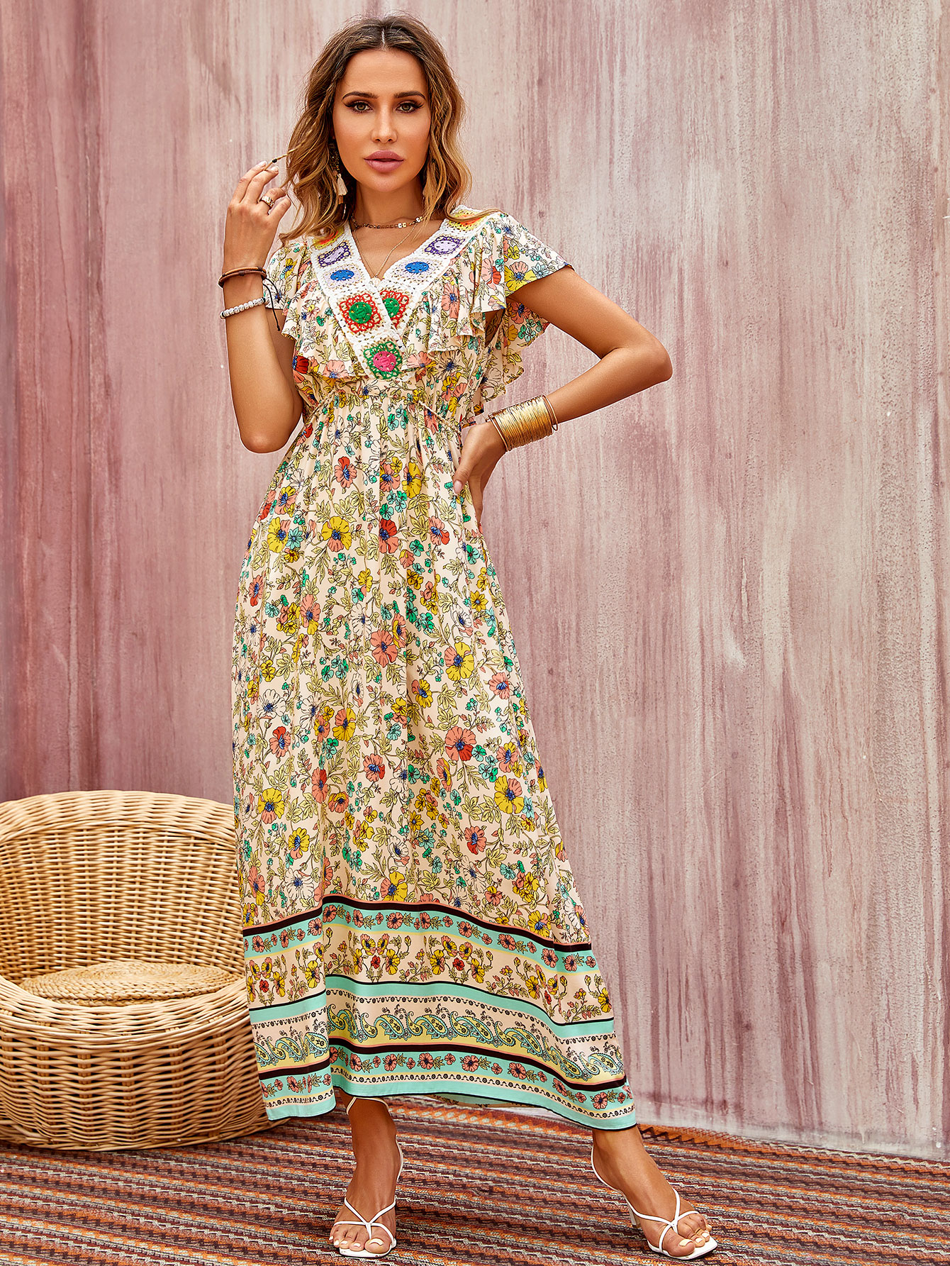 Boho Floral Embroidered Border Print Flowy Maxi Dress W-32972