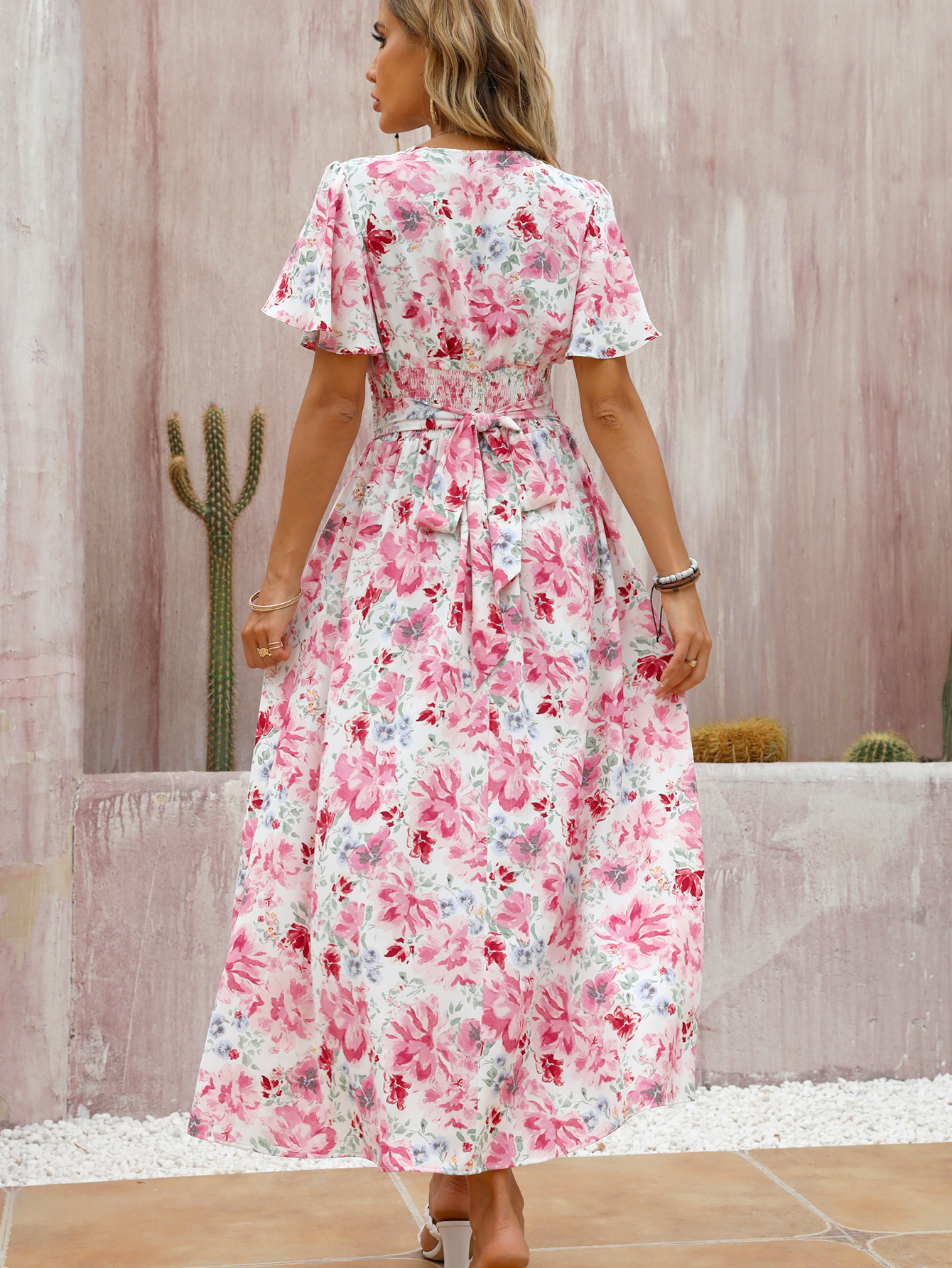 Romantic Floral V-Neck Ruched Waist Flowy Maxi Dress W-33046
