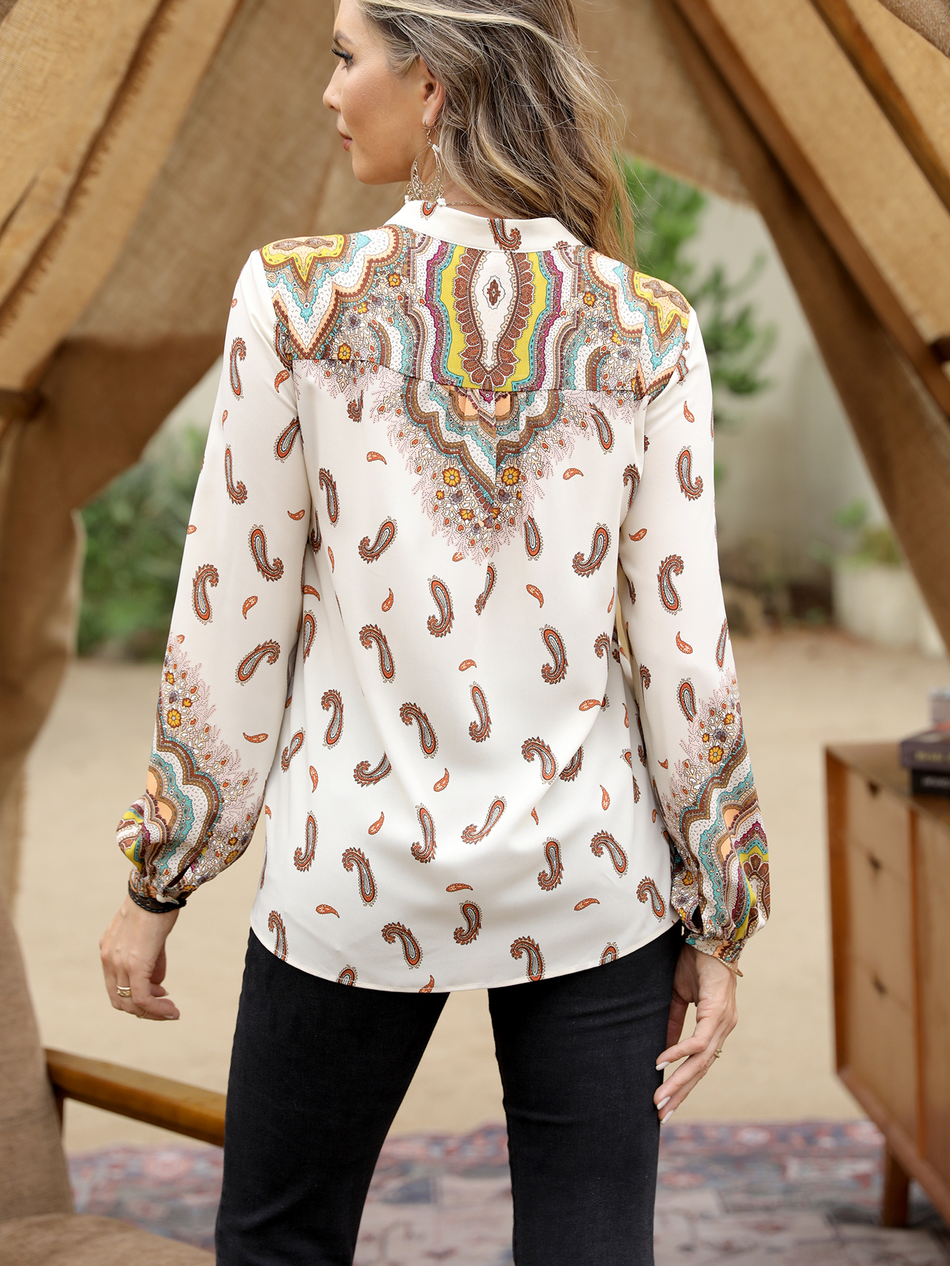 Boho Paisley V-Neck Button Detail Long Sleeve Blouse W-33189