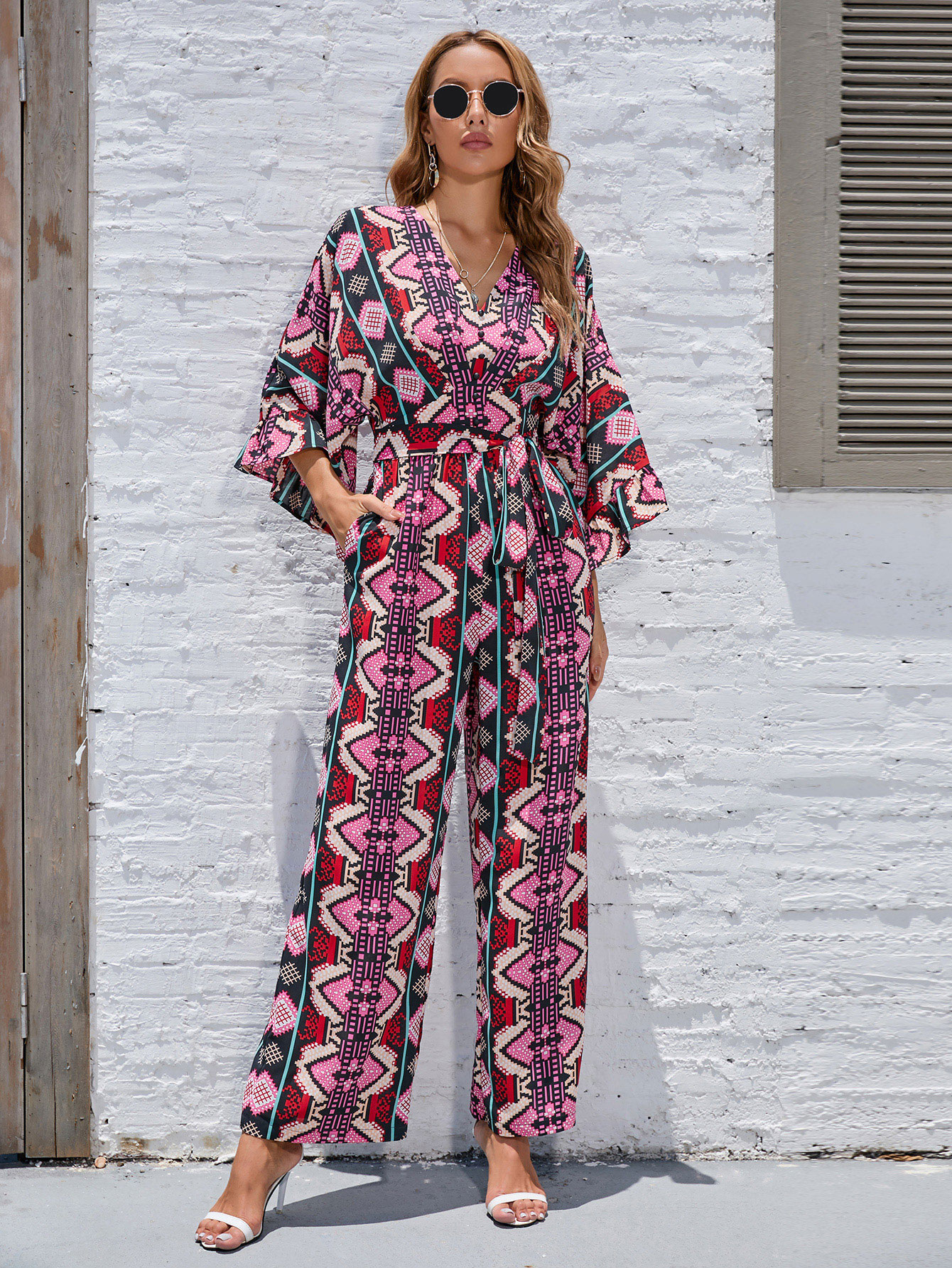 Boho Geometric Print V-Neck Top & Wide Leg Pants Set W-33191