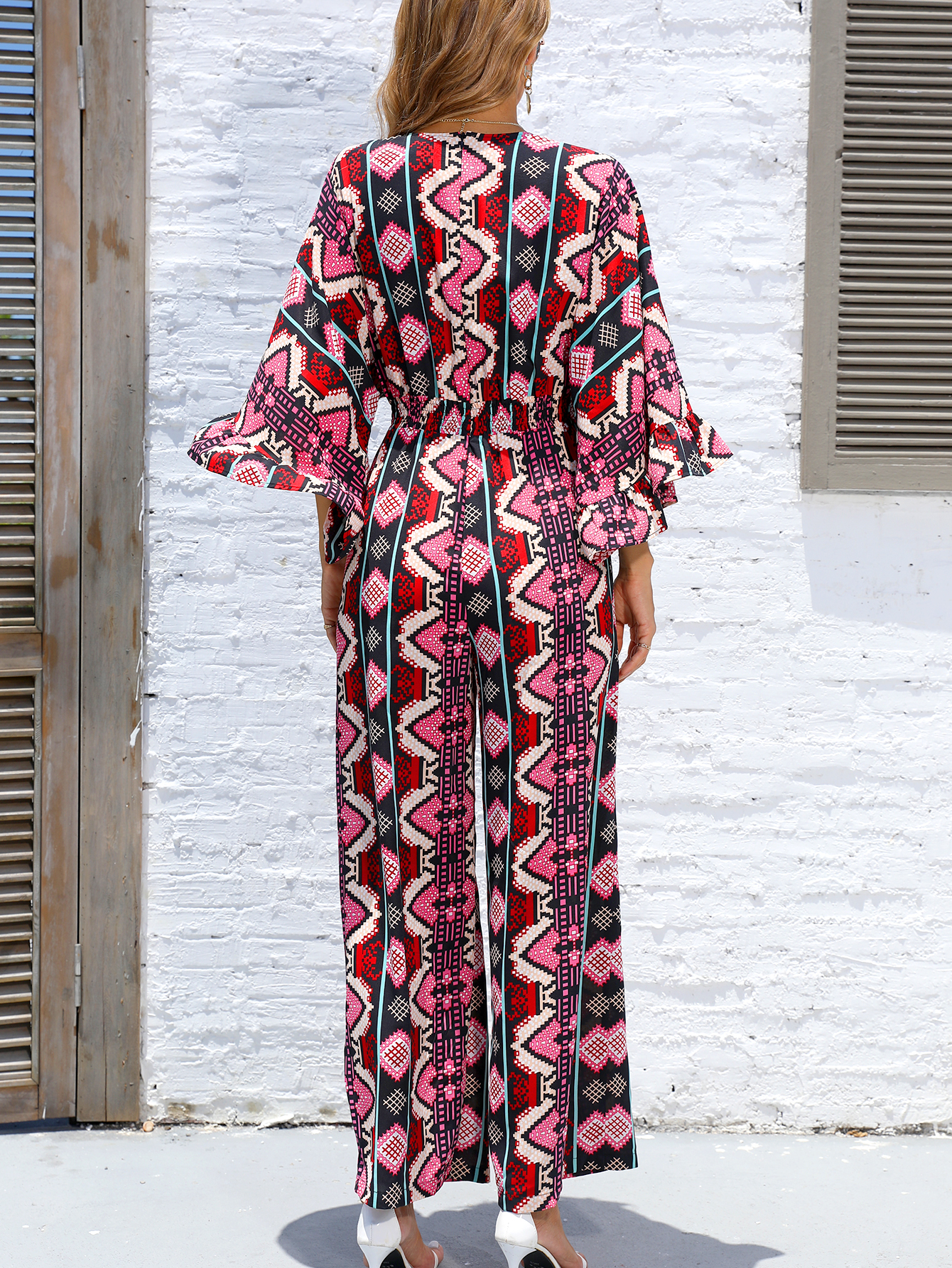 Boho Geometric Print V-Neck Top & Wide Leg Pants Set W-33191