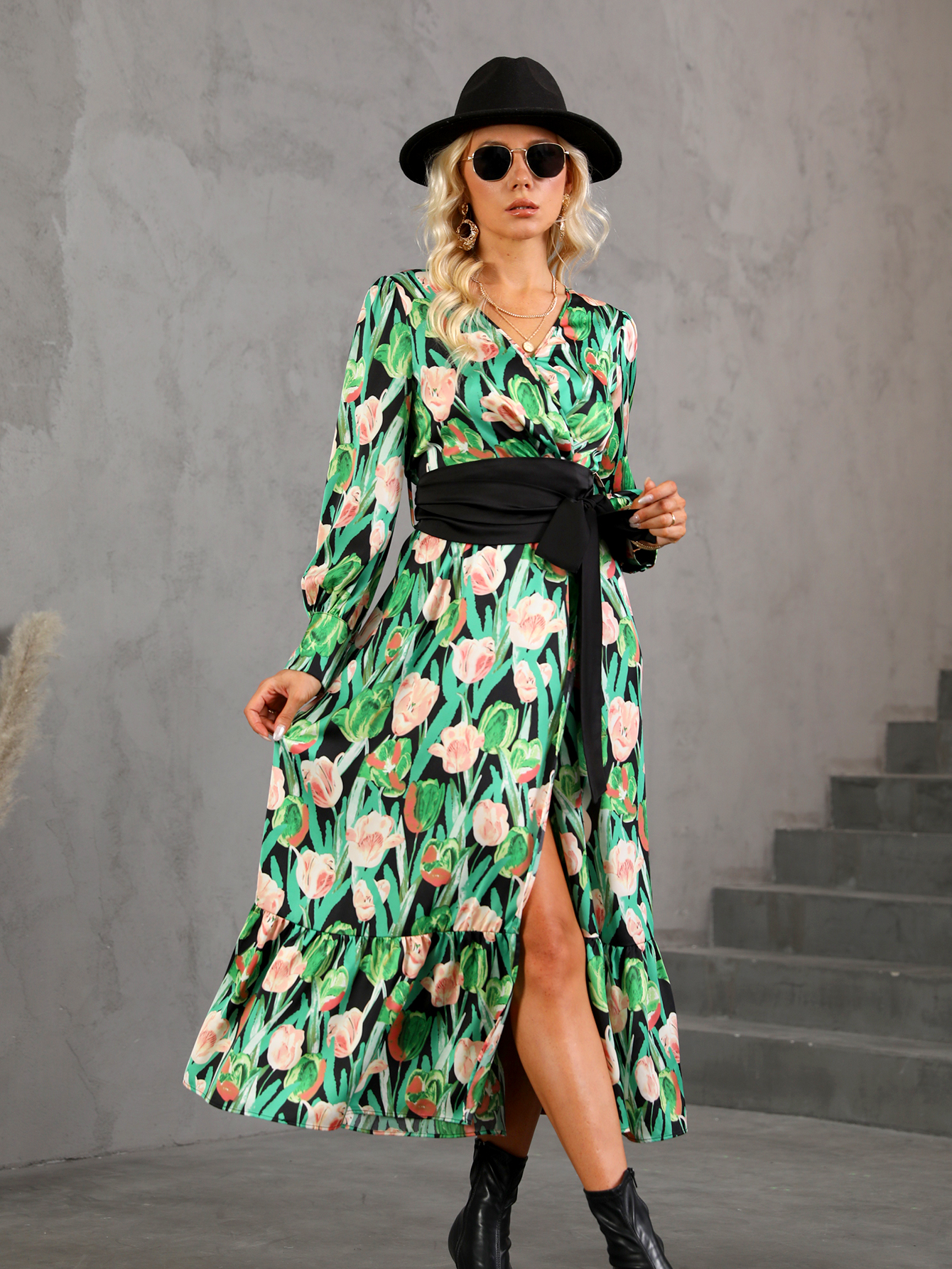 Bold Floral V-Neck Belted Long Sleeve Midi Dress W-33230