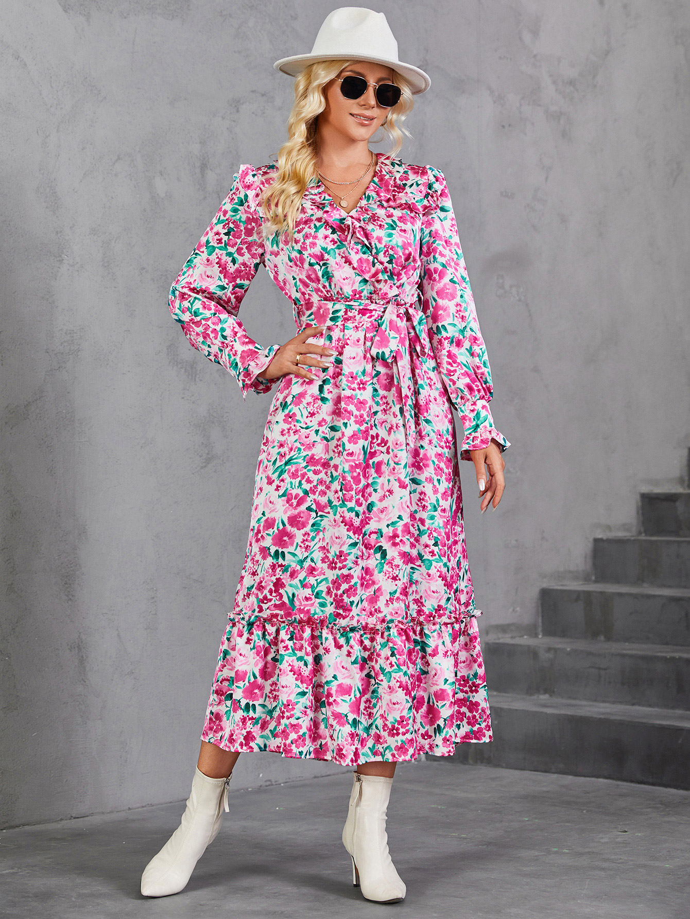Pink Floral V-Neck Tie Waist Ruffle Hem Midi Dress W-33410