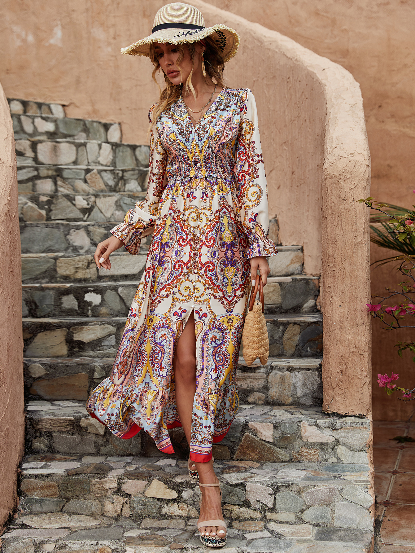 Boho Paisley V-Neck Smocked Waist Maxi Dress W-33440