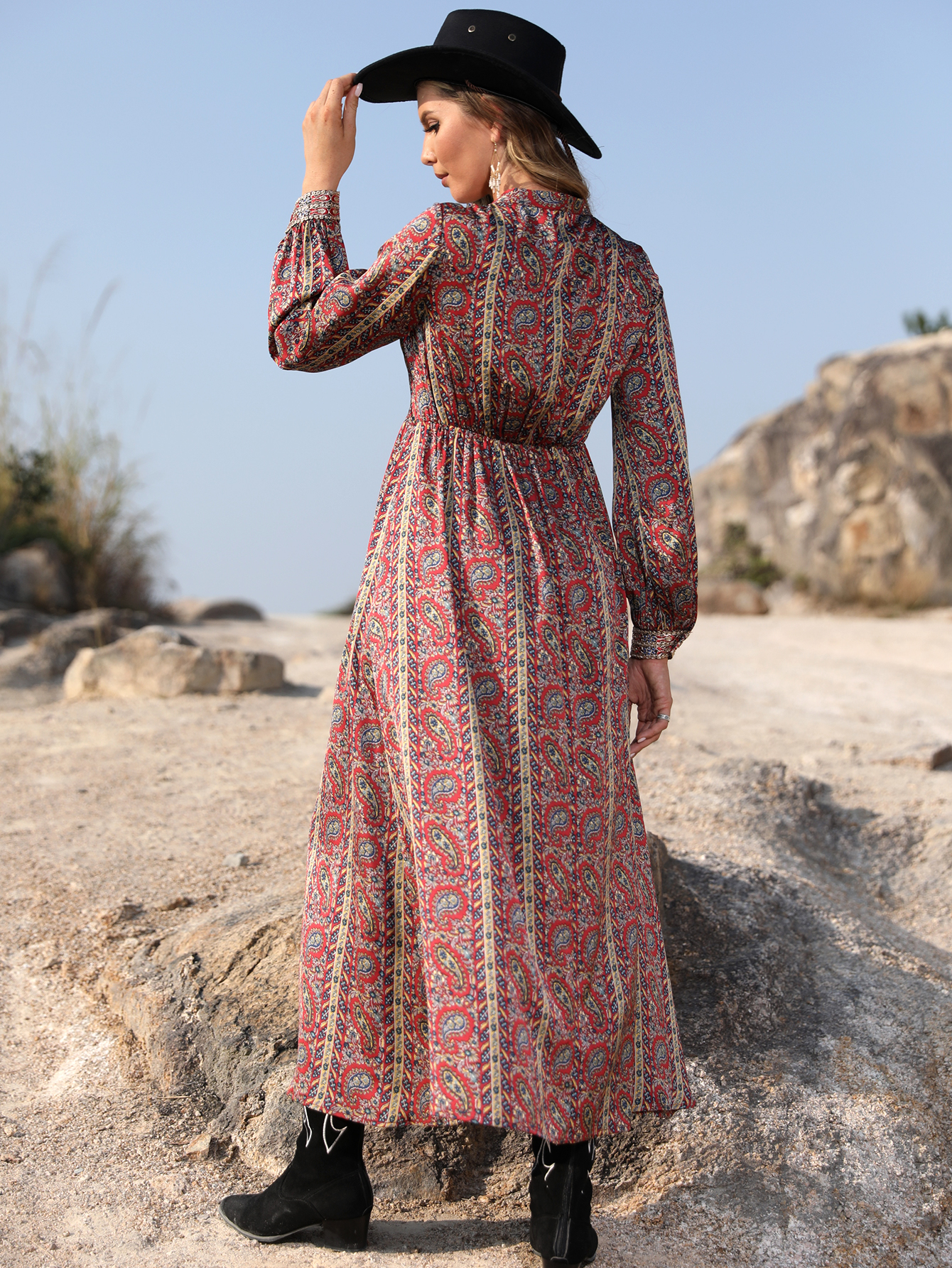 Women’s Vintage Paisley Boho Midi Dress – Long Sleeve Western Fall Style D-33800