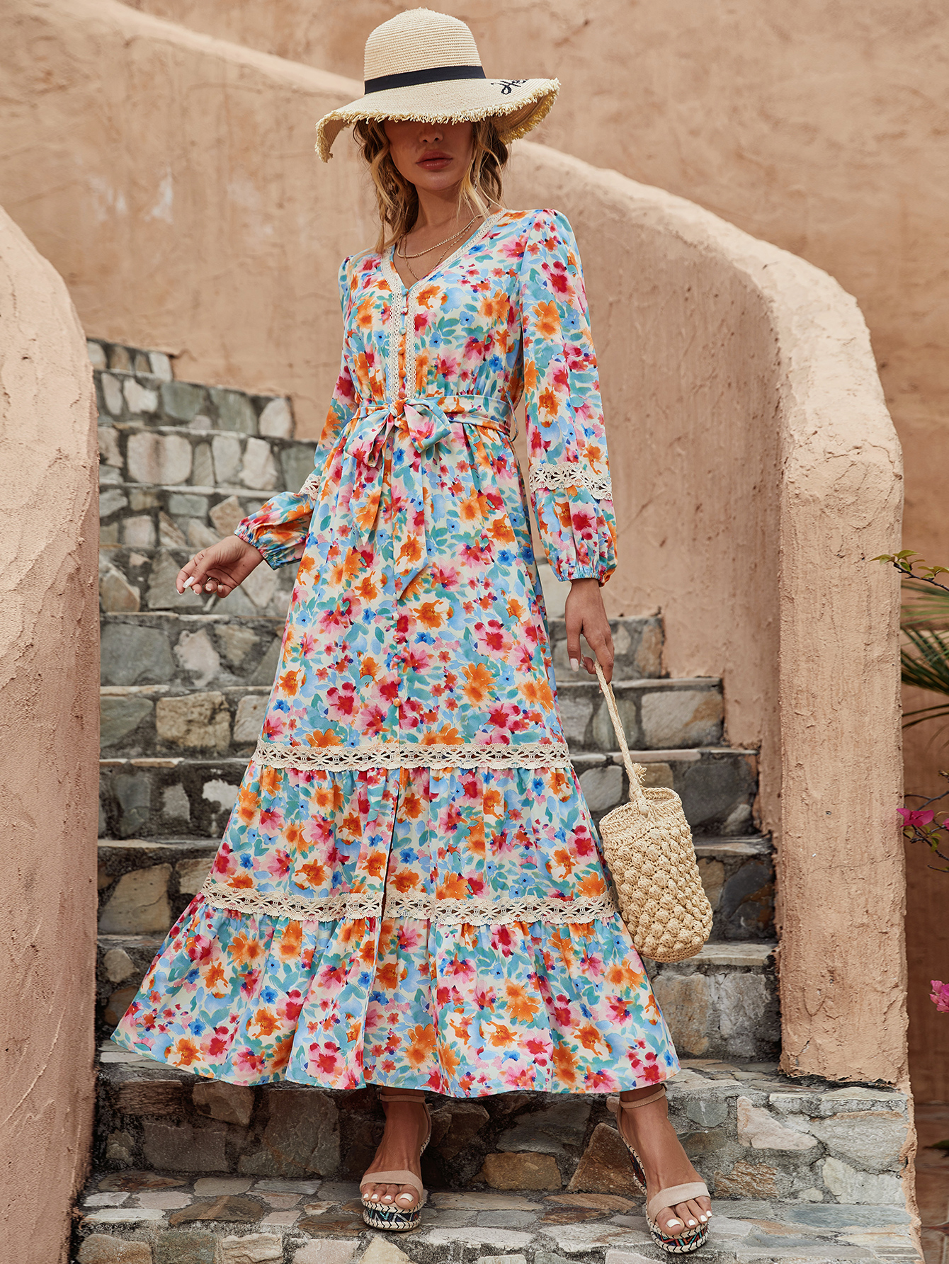 Boho Floral V-Neck Tie Waist Tiered Maxi Dress W-33441