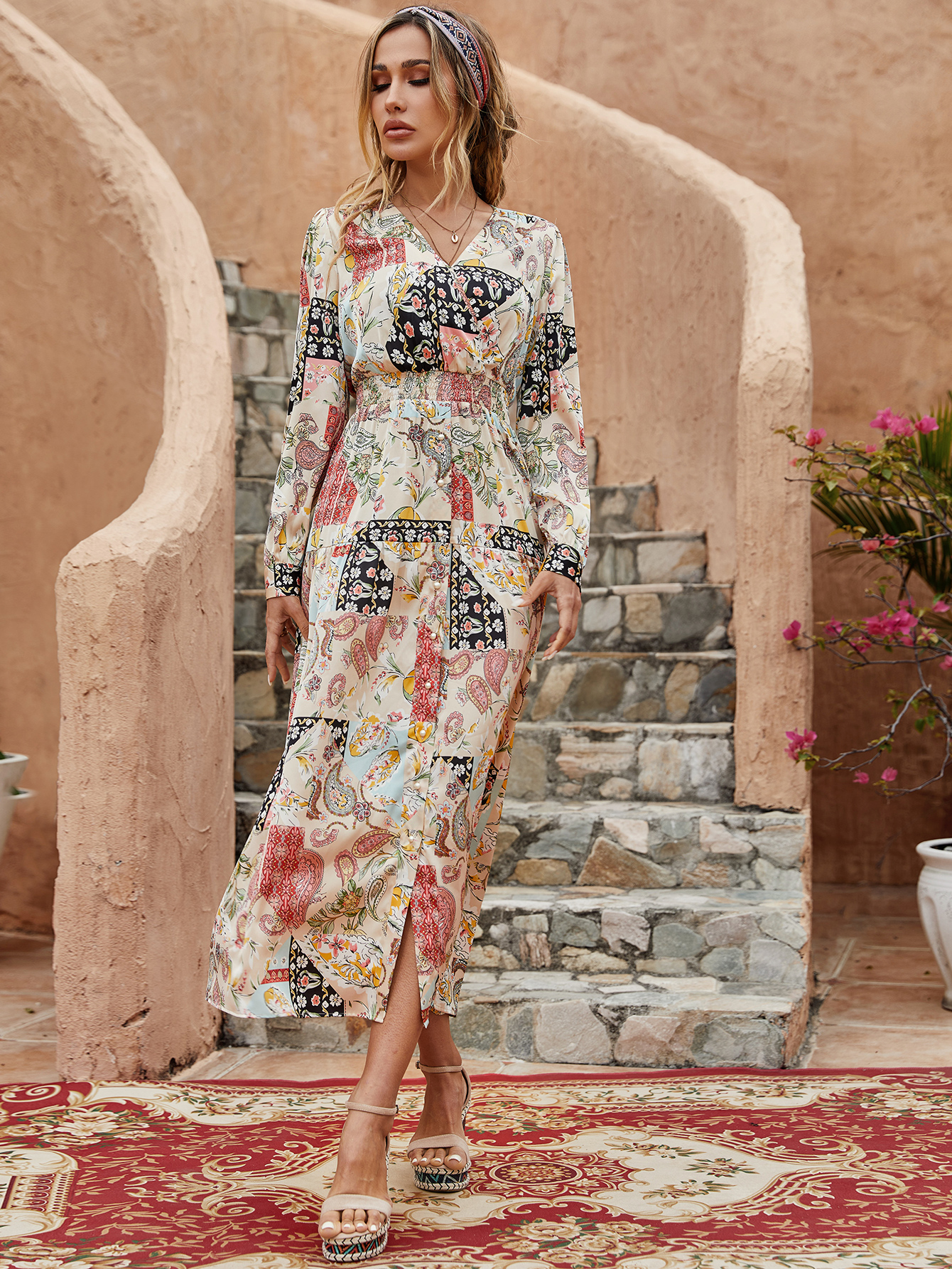Boho Patchwork V-Neck Smocked Waist Maxi Dress W-33442