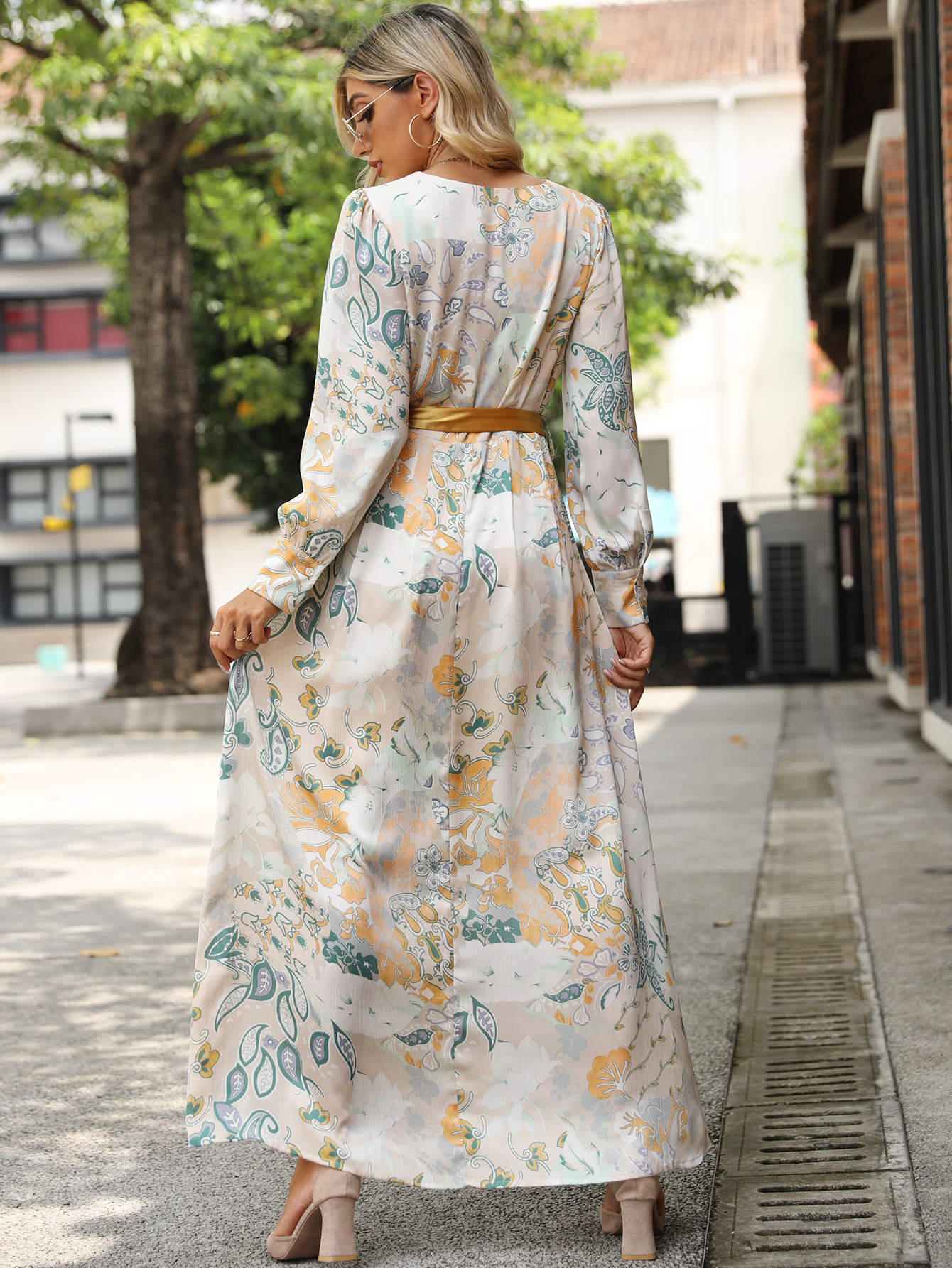 Floral Tie Waist Maxi Dress with Long Sleeves W-33451