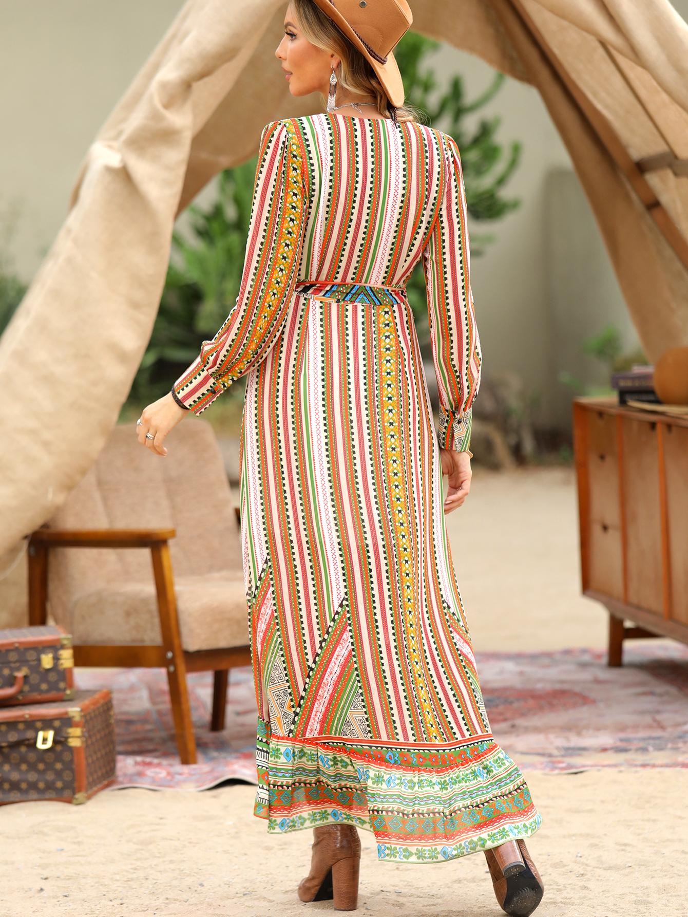 Bohemian V-Neck Tie Waist Patchwork Maxi Dress W-33492