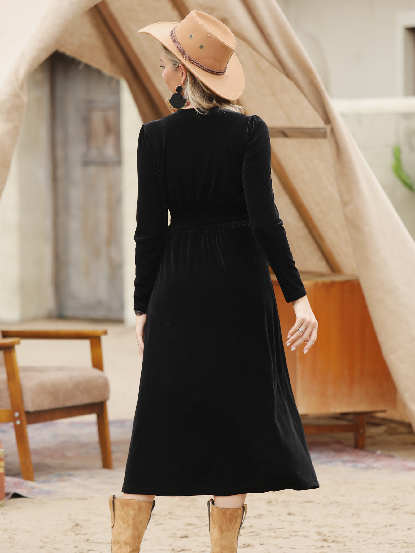 Vintage Velvet Wrap Waist Dress with Long Sleeves W-33606