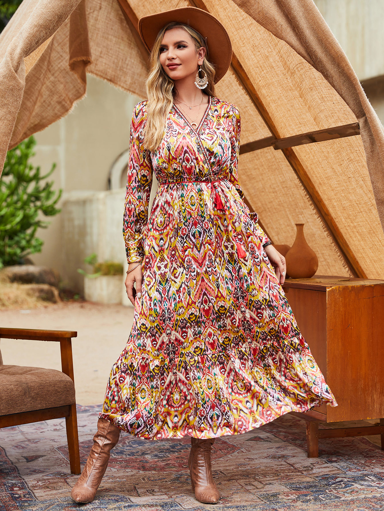 Boho Ikat Print V-Neck Long Sleeve Maxi Dress W-33705