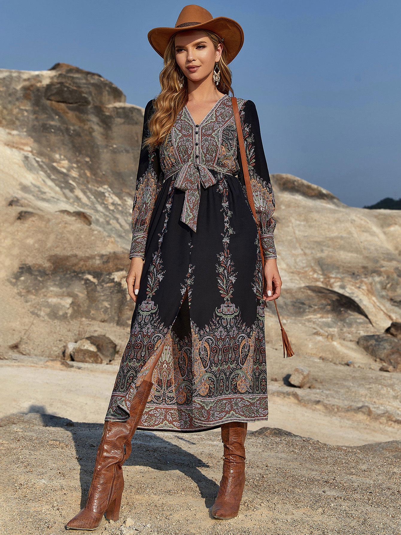 Boho Paisley Print Long Sleeve Midi Dress W-33803