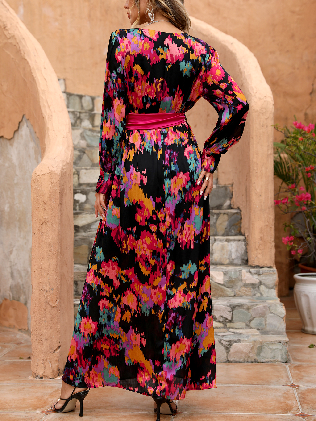 Vibrant Floral Maxi Dress with Waist Tie W-34086