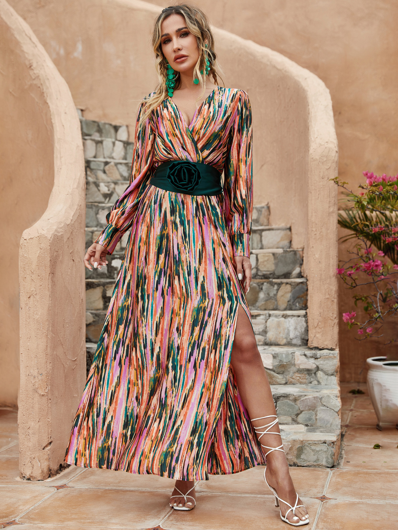 Boho Abstract Print Maxi Dress with Waist Detail – Summer Resort Vacation Wear W-34112