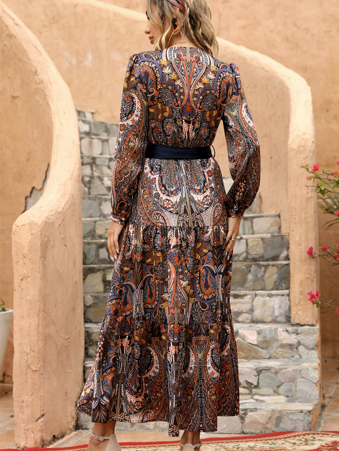 Vintage Boho Paisley Midi Dress with Tie Waist – Spring Summer Casual Elegance W-34218 改款式