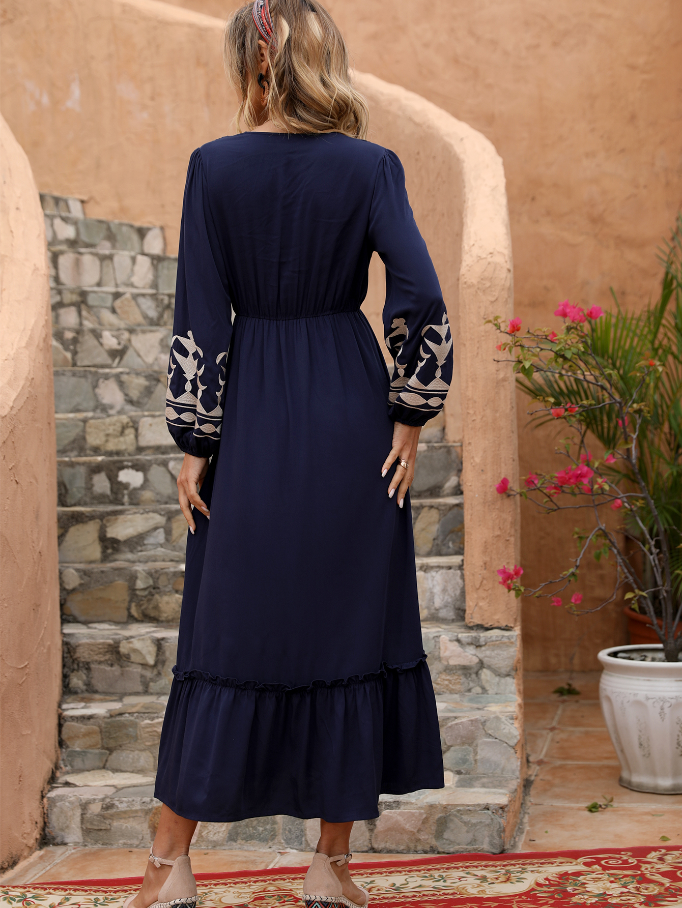 English: Vintage Ethnic Style A-Line Midi Dress - Casual Loose Fit Resort Wear W-34286