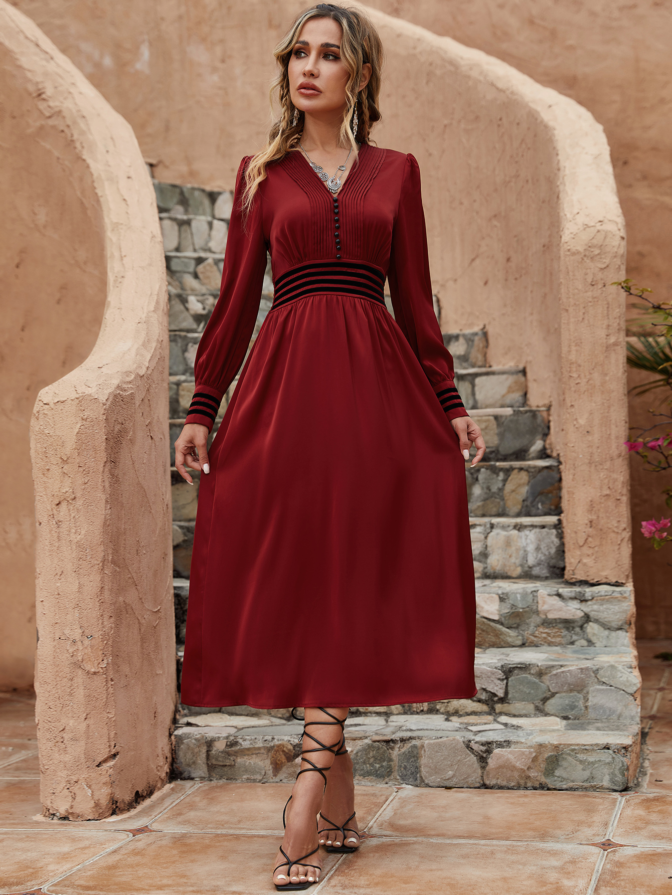 Women's French Vintage Style V-Neck Long Sleeve A-Line Dress - Burgundy Button Down W-34293