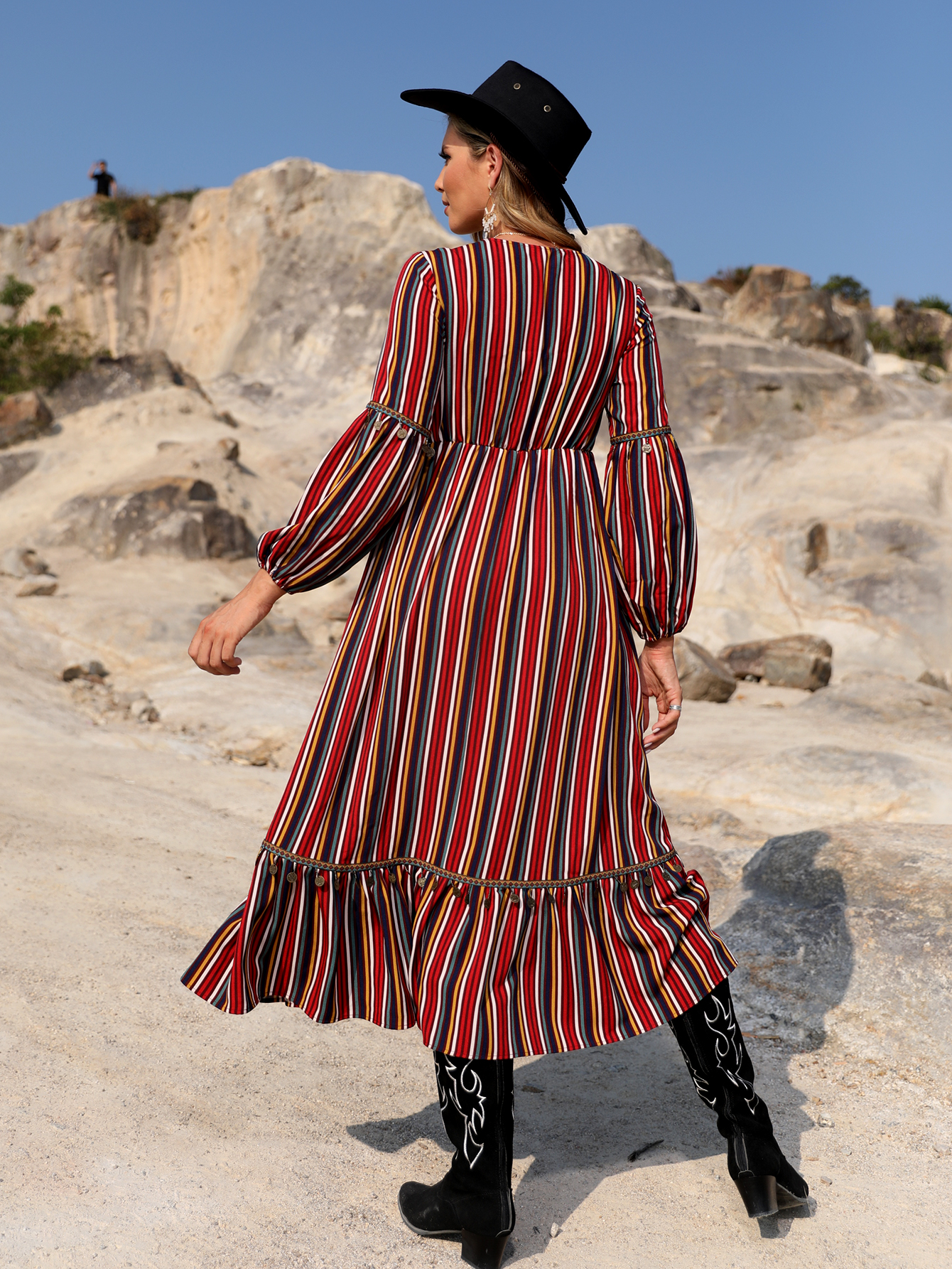 Women’s Boho Ethnic Stripe Midi Dress – Long Sleeve Western Style D-33880