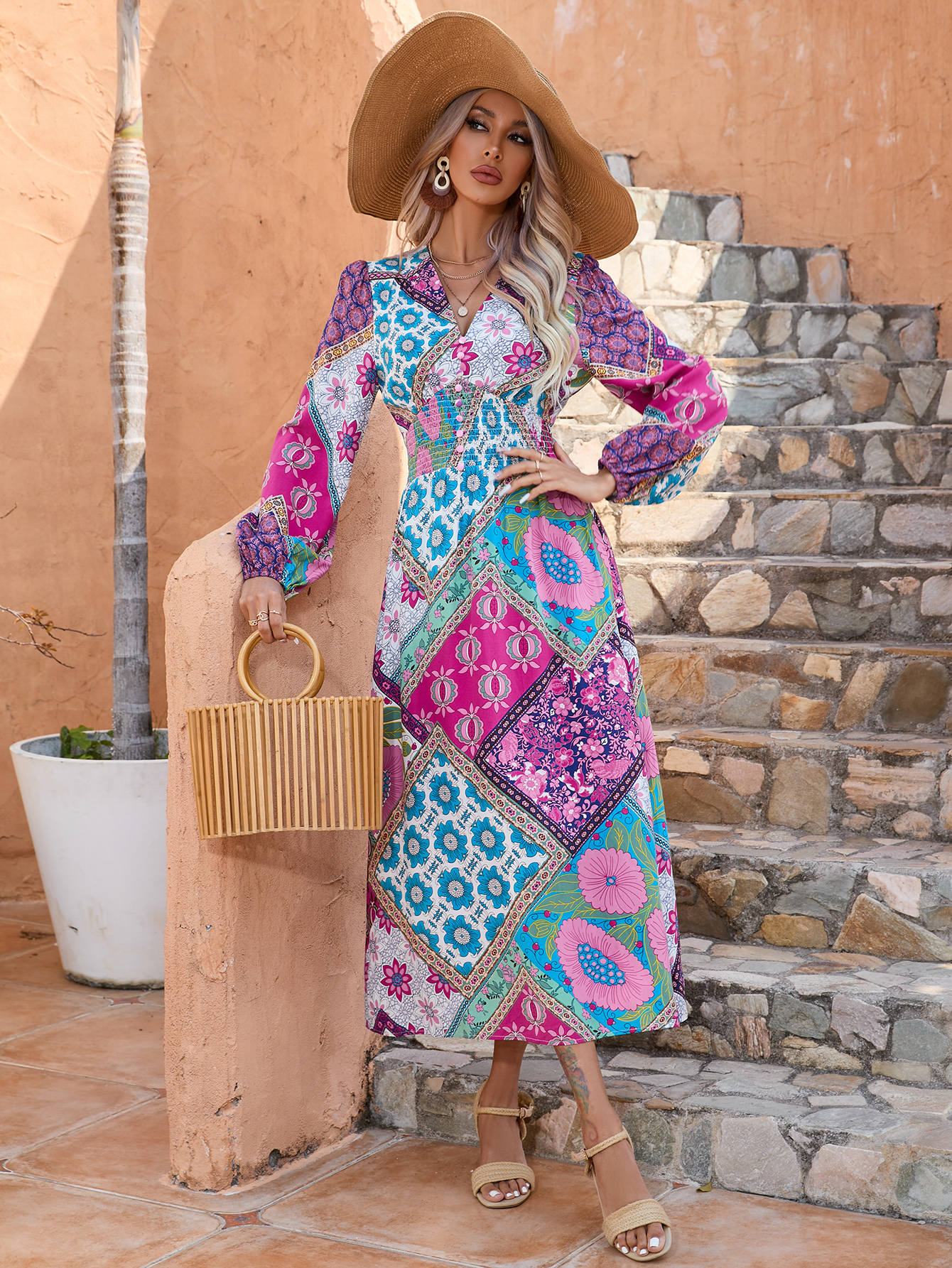 Women Boho Patchwork Print Collar V Neck Long Sleeve Vacation Maxi Dress W-34340