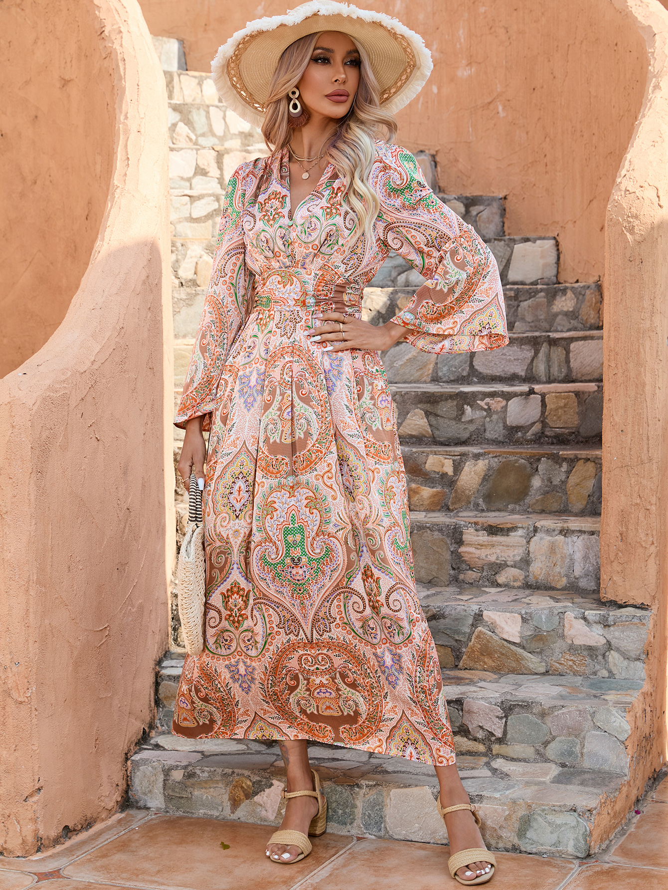 Women Boho Paisley Print V Neck Long Flare Sleeve High Waist Vacation Maxi Dress W-34375