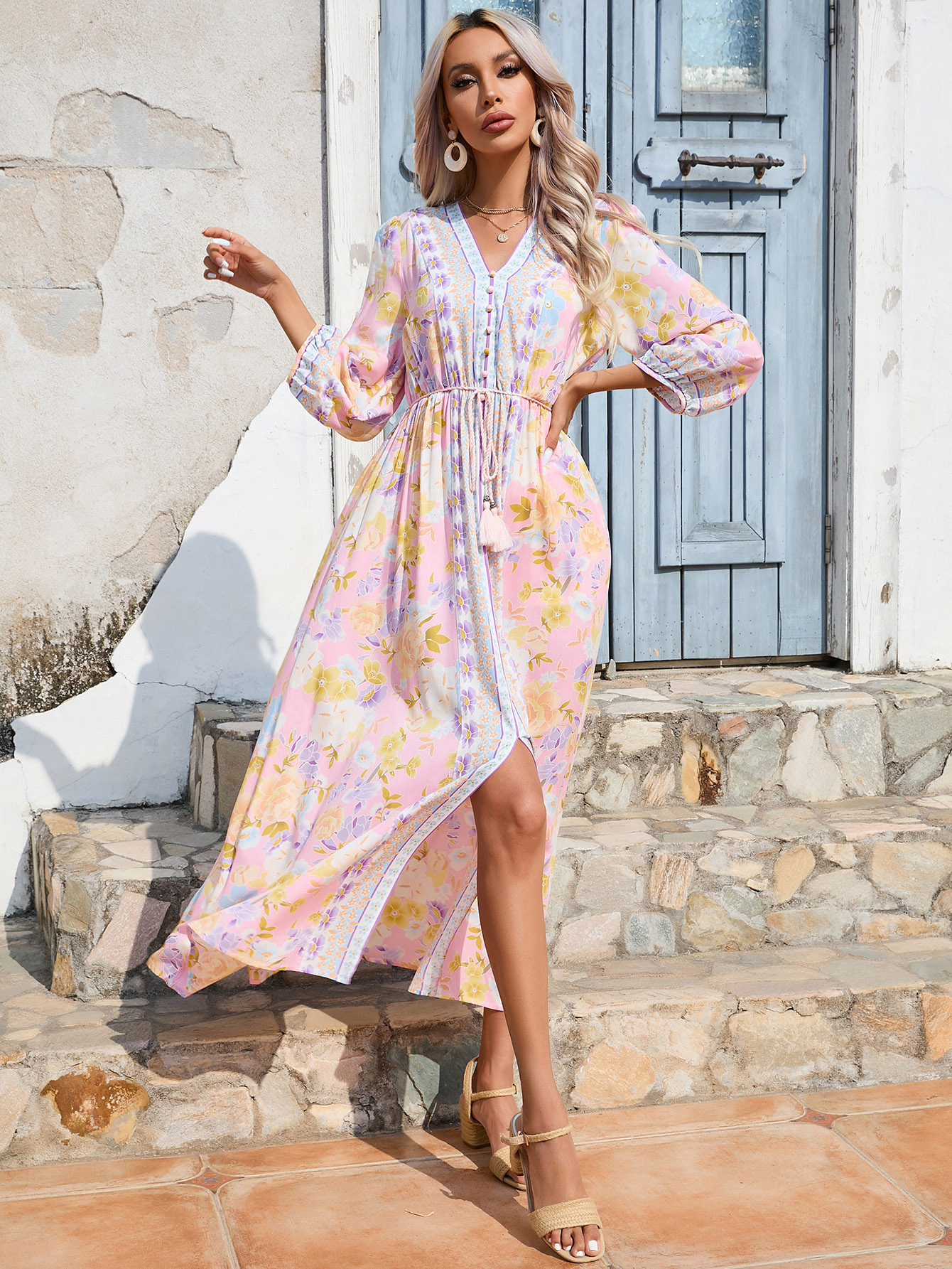 Women Boho Floral V Neck Drawstring Waist Summer Beach Maxi Dress W-34379
