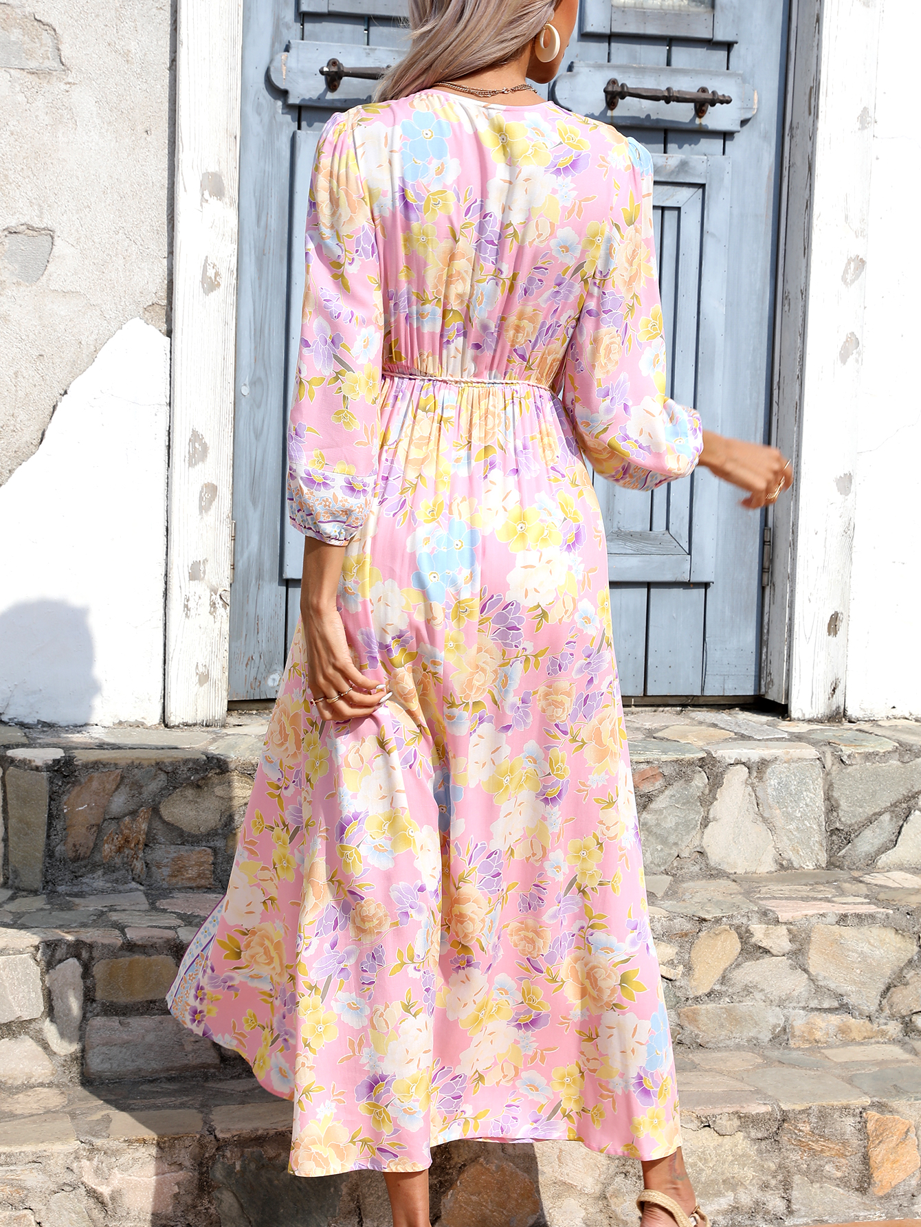 Women Boho Floral V Neck Drawstring Waist Summer Beach Maxi Dress W-34379