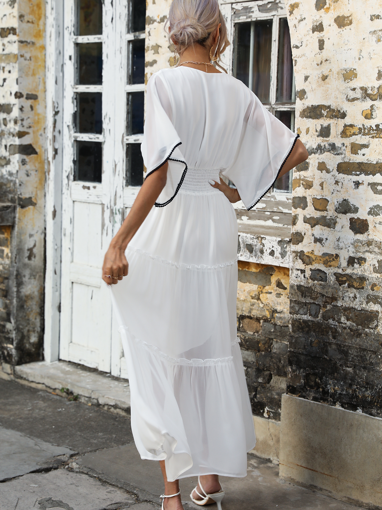 Women Boho Embroidered V Neck Kimono Sleeve Tiered White Beach Midi Dress W-34405