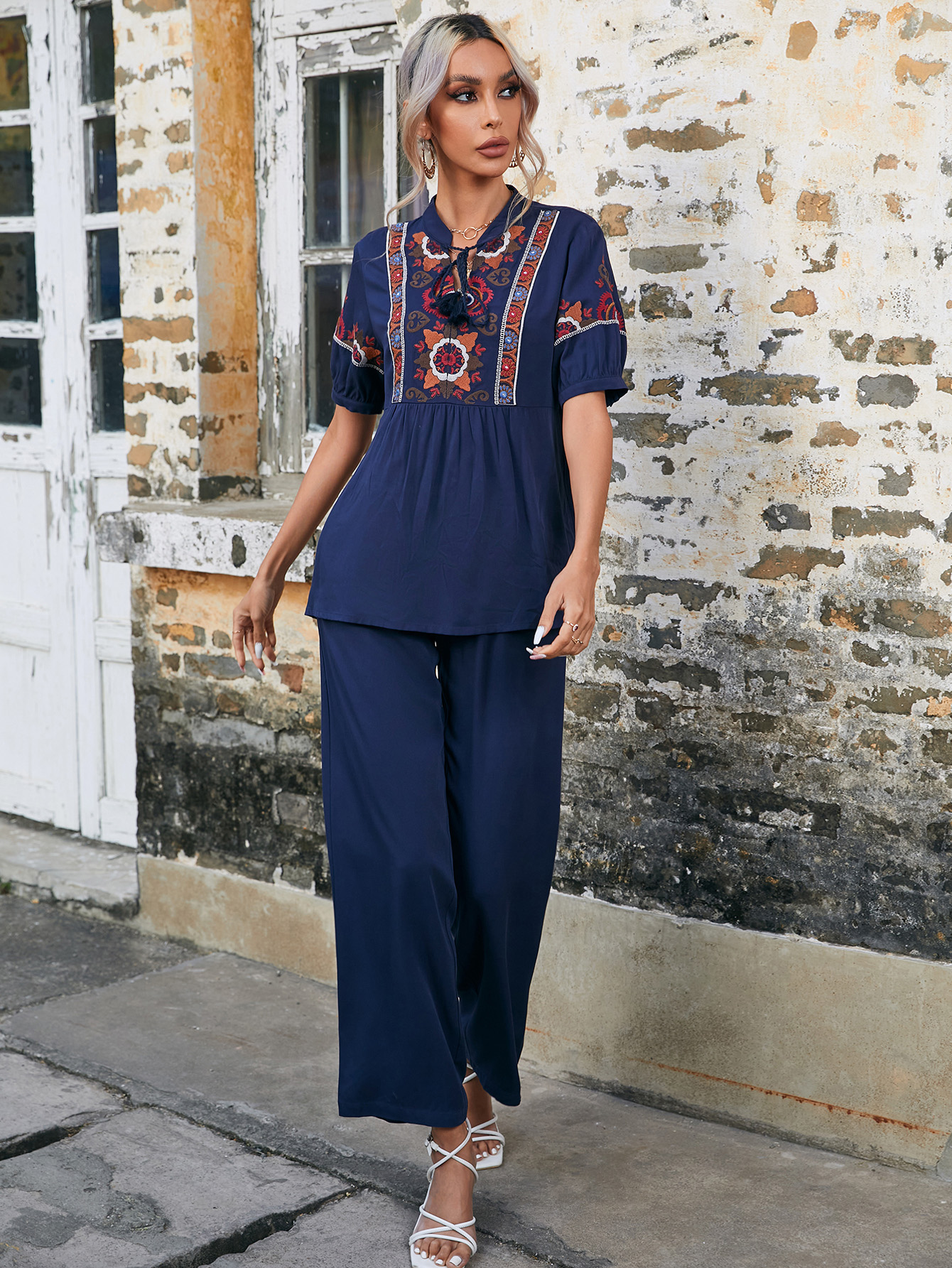 Women Boho Embroidered Short Sleeve Top Wide Leg Pants Summer Two Piece Set W-34428