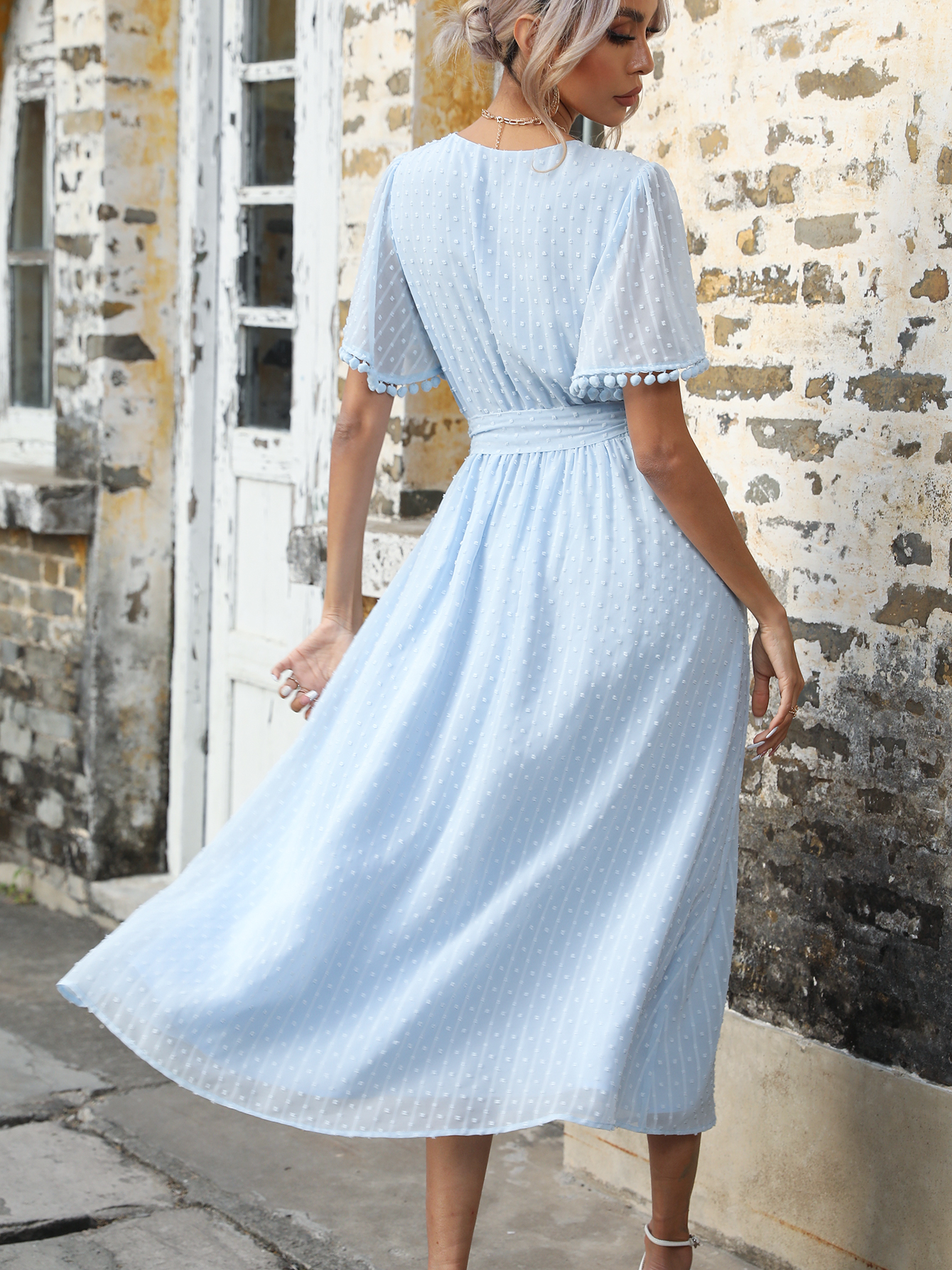 Women Summer Boho Swiss Dot Wrap V Neck Pom Pom Sleeve Midi Dress W-34474