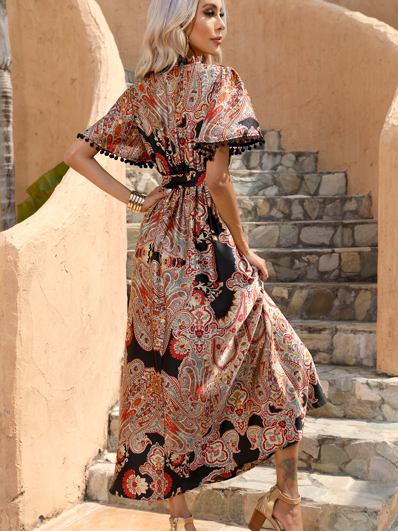 Women Boho Paisley Print Pom Pom Sleeve Belted Midi Dress W-34608