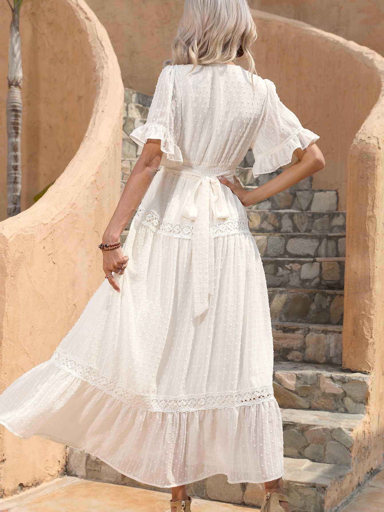 Women Boho Swiss Dot Lace Trim V Neck Ruffle Sleeve Maxi Dress W-34612