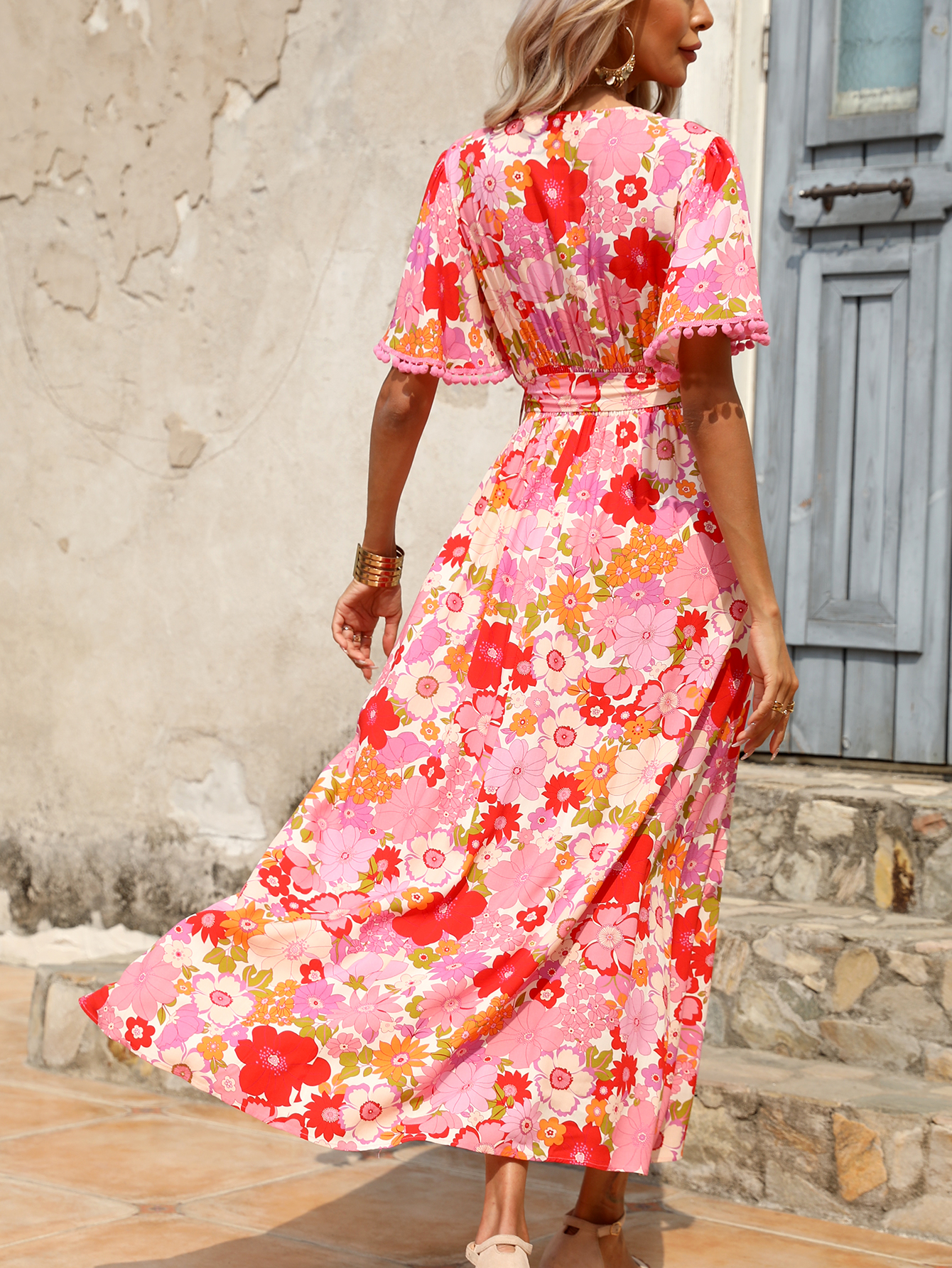 Women Summer Boho Floral Print V Neck Pom Pom Sleeve Belted Maxi Dress W-34654