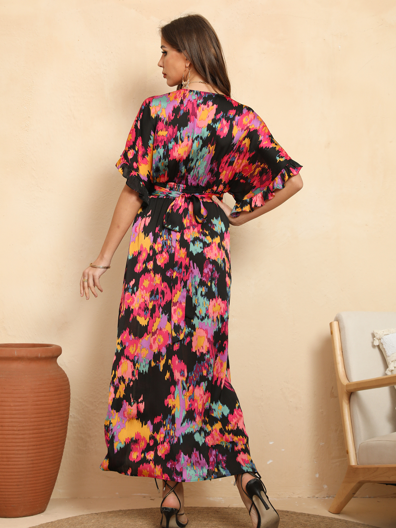Women Summer Boho Abstract Print V Neck Kimono Sleeve Side Slit Maxi Dress W-34673