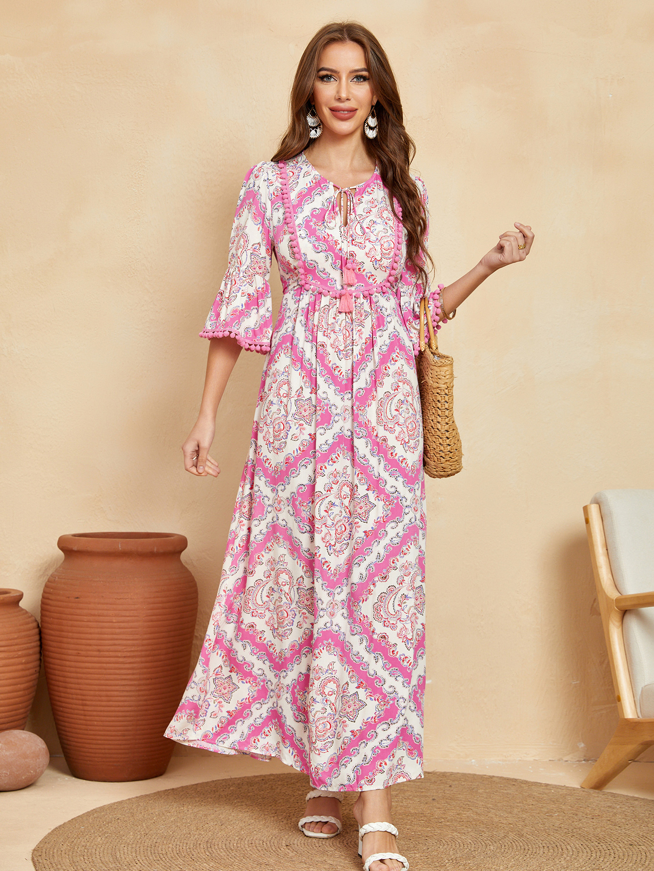Women Summer Boho Paisley Print Tassel Tie Pom Pom Sleeve Maxi Dress W-34676