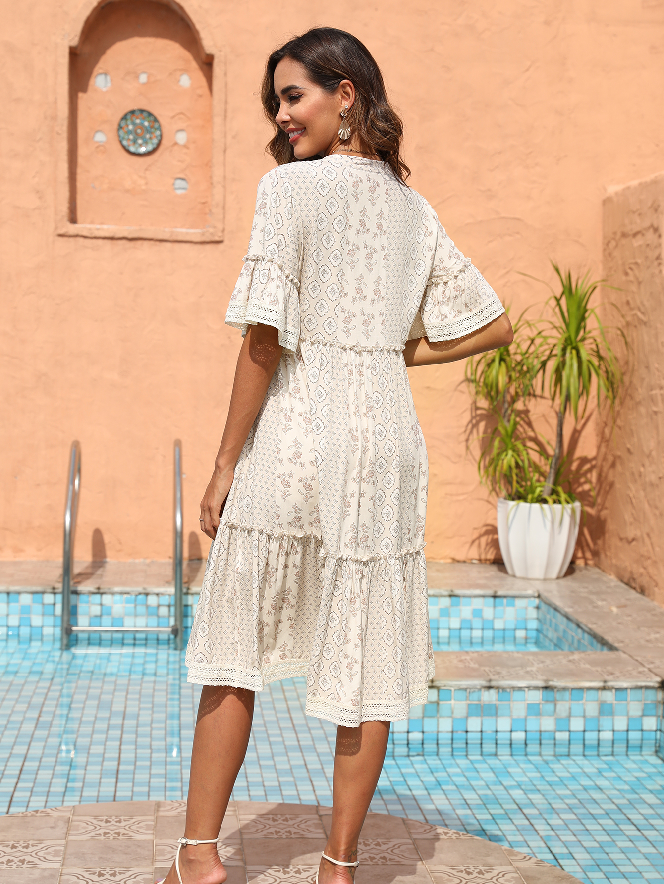 Women Summer Boho Print V Neck Ruffle Sleeve Tiered Midi Dress W-34678