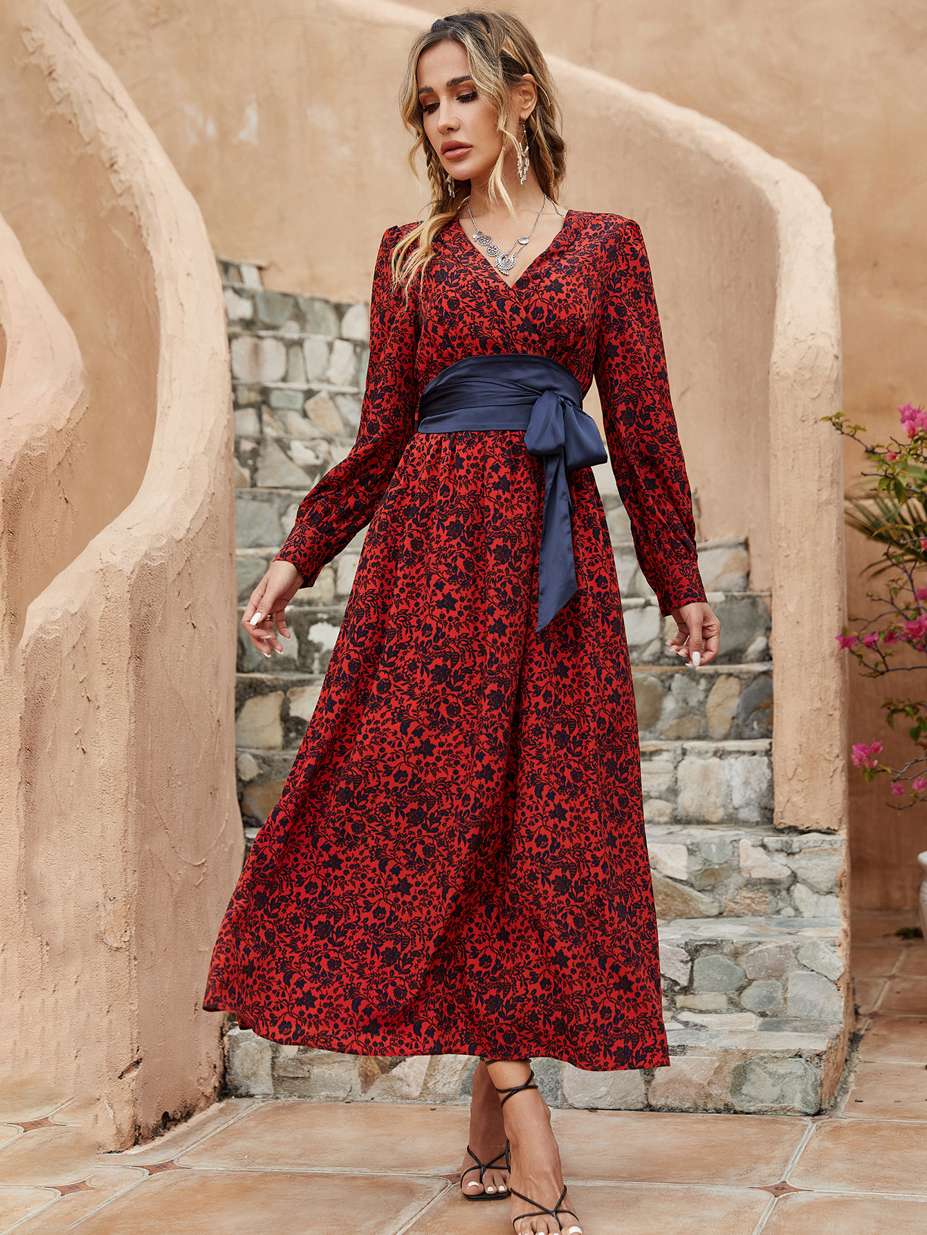 Women’s Vintage Floral Boho Midi Dress – Long Sleeve V-Neck with Waist Tie D-33967