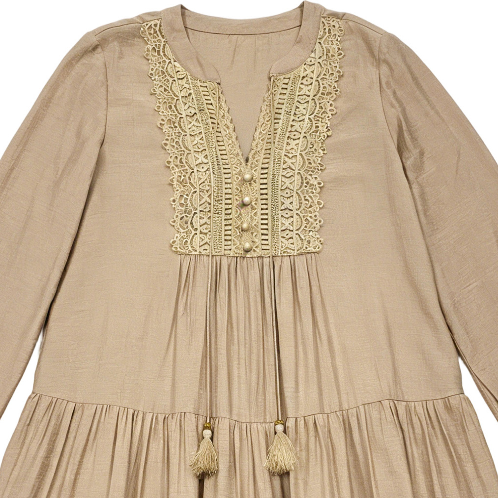 Women’s Boho Lace Panel Tassel Tie Tiered Mini Dress B-42051