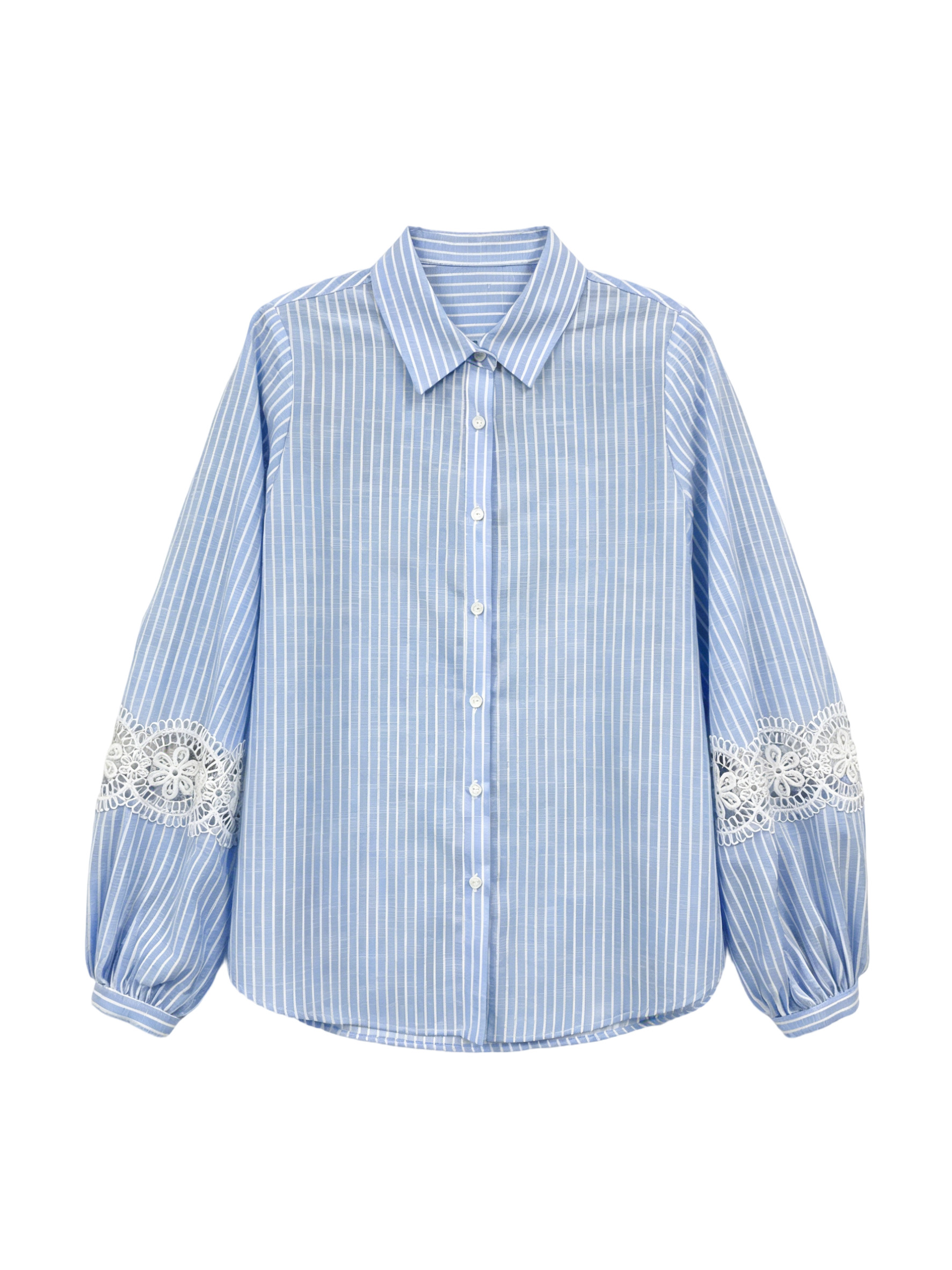Women’s Striped Lace Sleeve Button Down Casual Blouse C-39756