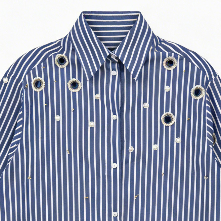 Women’s Embellished Striped Cropped Button Down Shirt C-41063