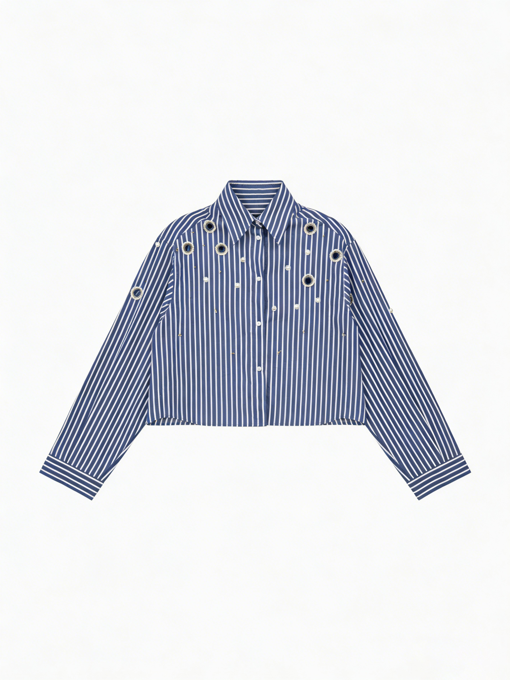 Women’s Embellished Striped Cropped Button Down Shirt C-41063