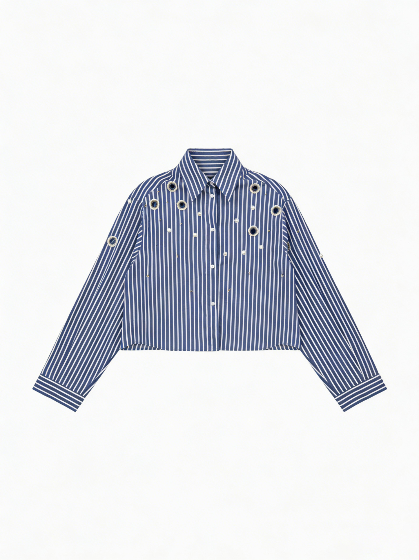 Women’s Embellished Striped Cropped Button Down Shirt C-41063