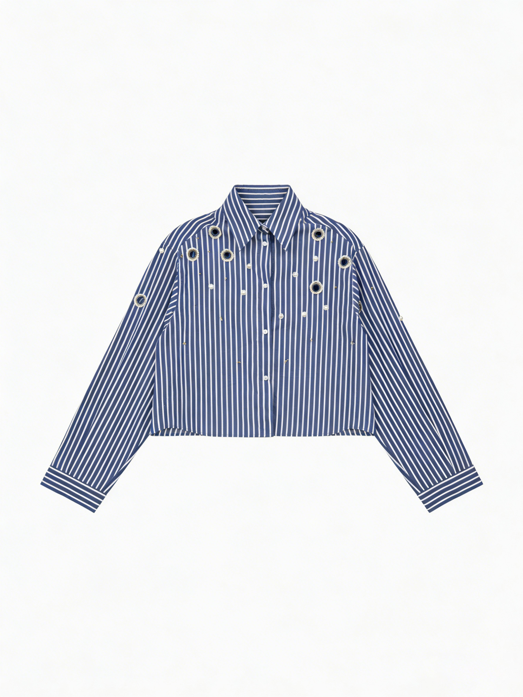 Women’s Embellished Striped Cropped Button Down Shirt C-41063