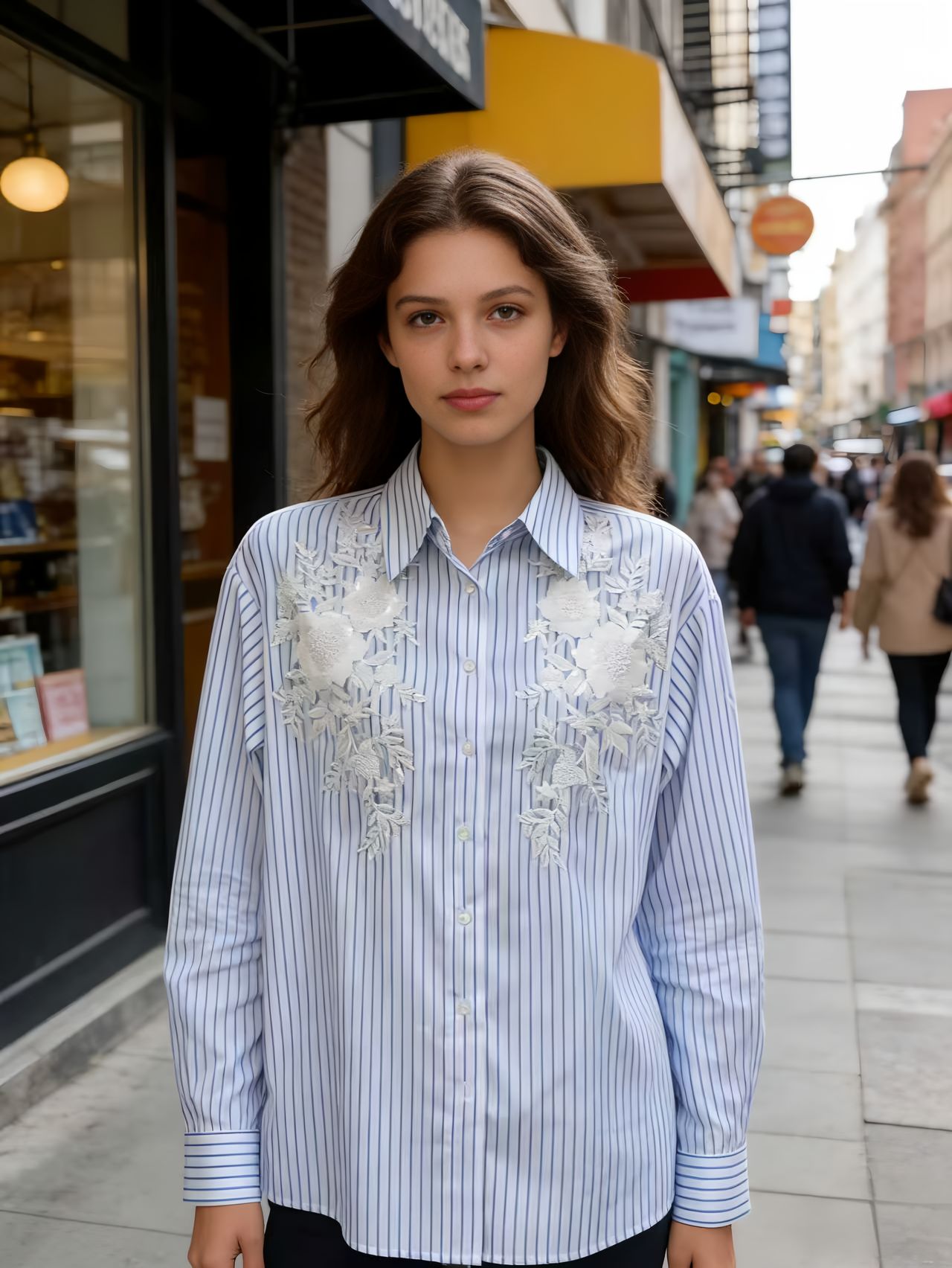 Women’s Striped Floral Embroidered Button-Up Shirt W-40350
