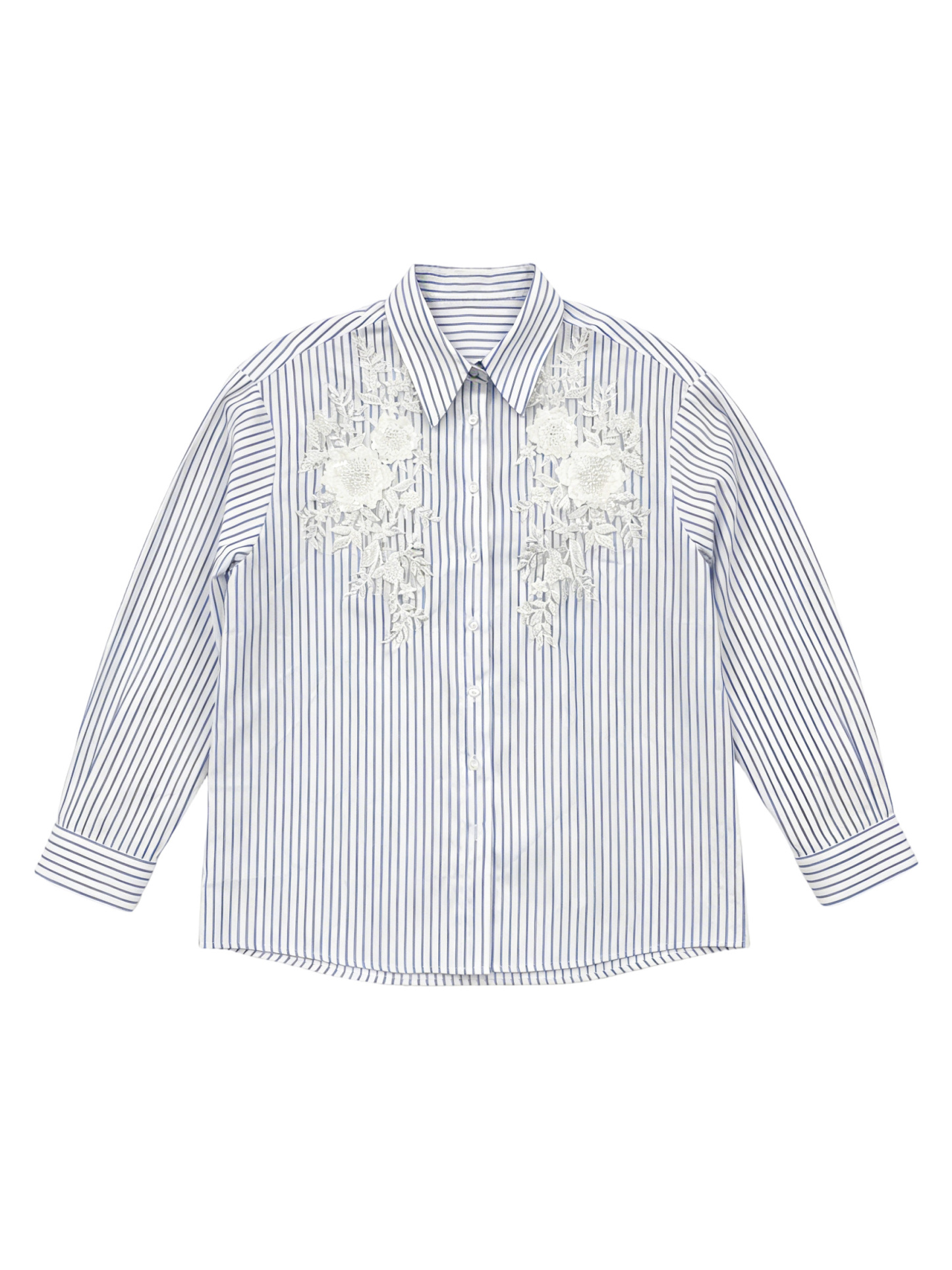 Women’s Striped Floral Embroidered Button-Up Shirt W-40350
