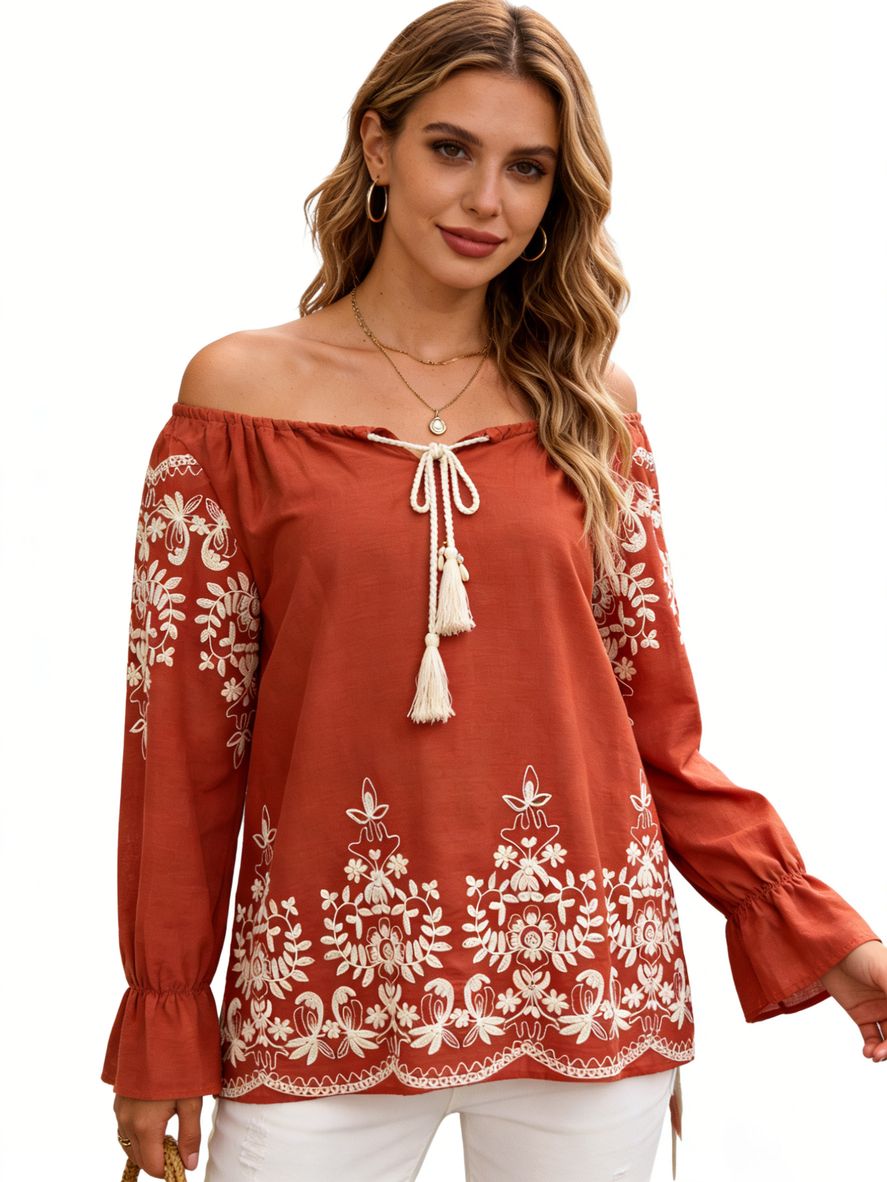 Women’s Boho Floral Embroidered Tassel Peasant Blouse X-26013