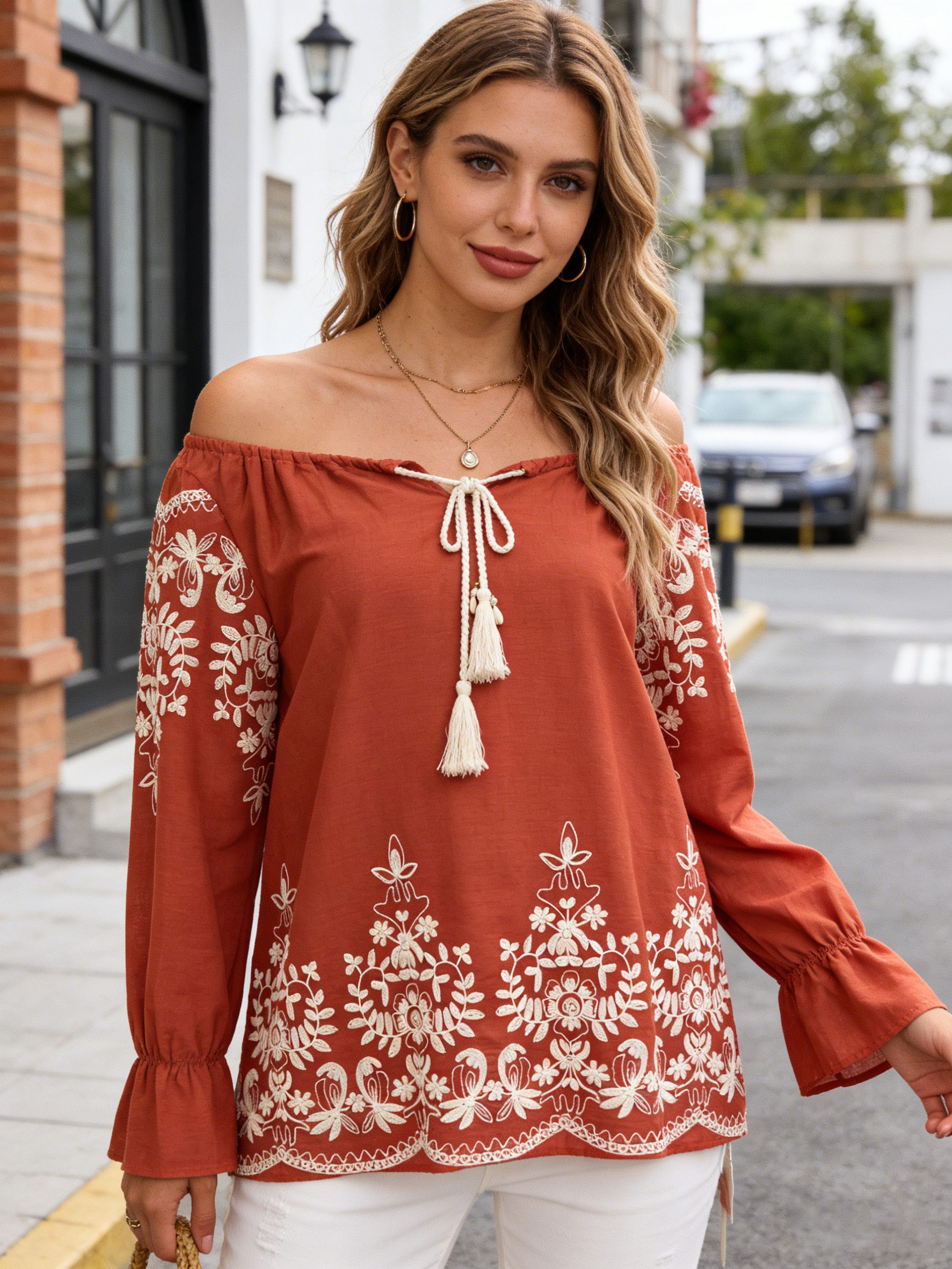Women’s Boho Floral Embroidered Tassel Peasant Blouse X-26013