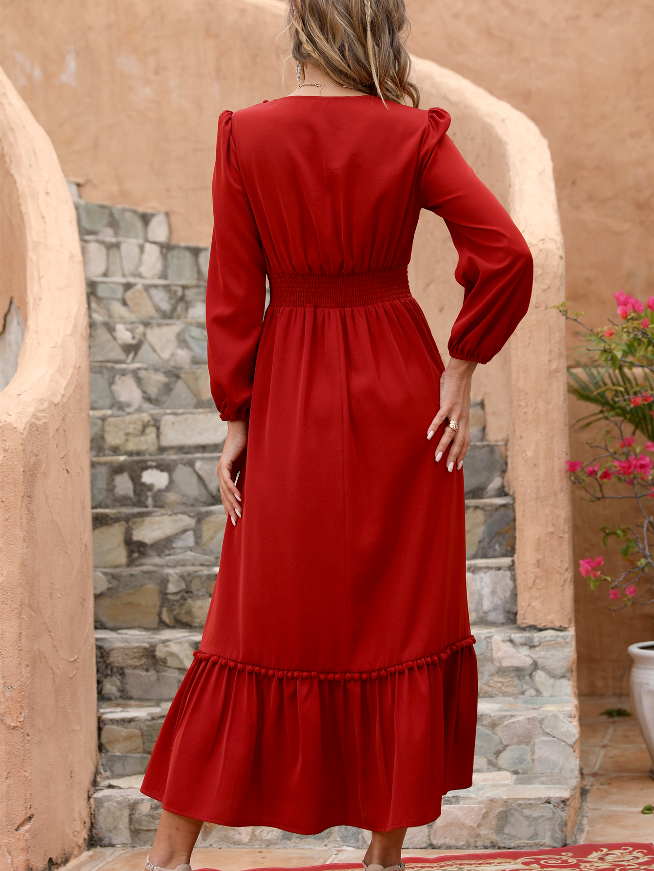 Women’s Vintage Boho Embroidered Midi Dress – Long Sleeve V-Neck Ruffle Hem D-34101