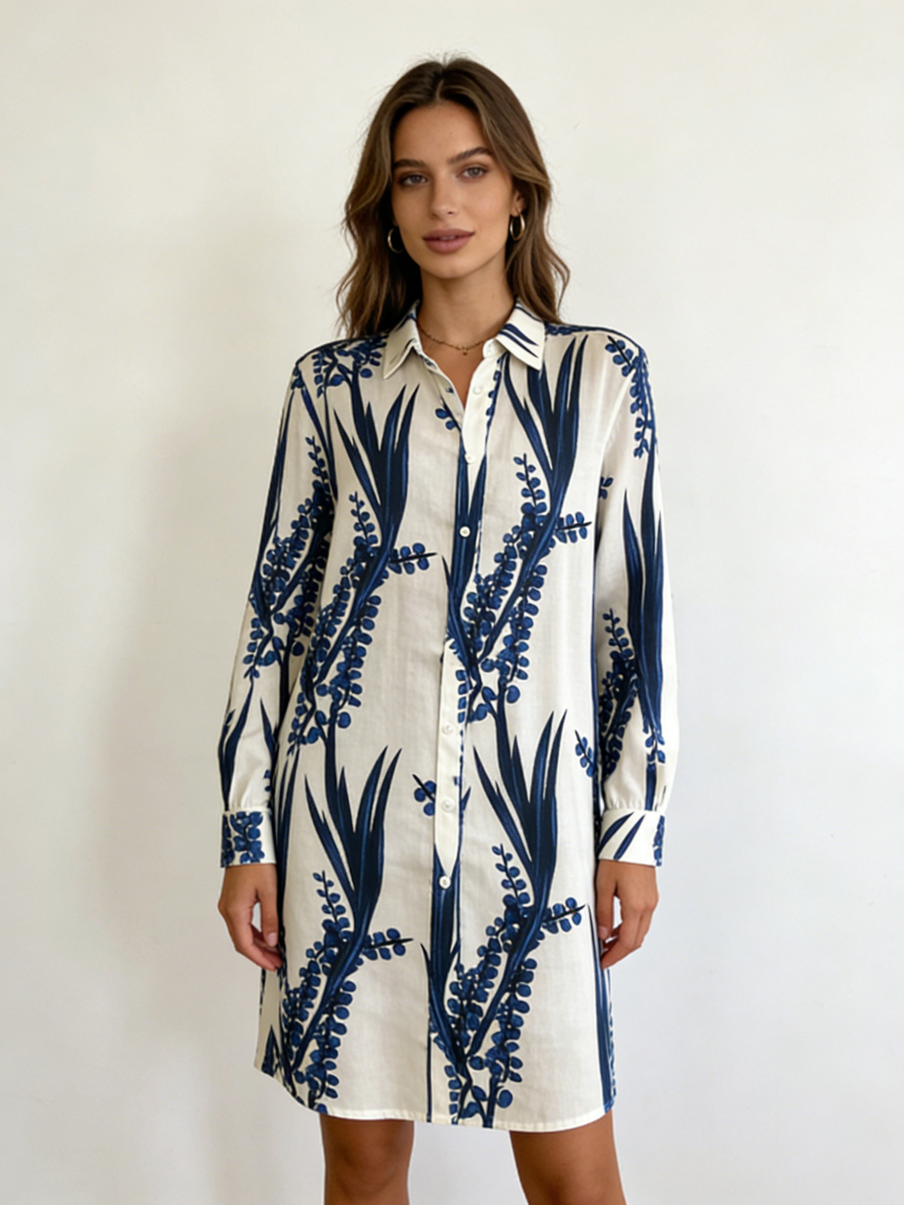Women’s Botanical Print Long Sleeve Shirt Dress K-41737