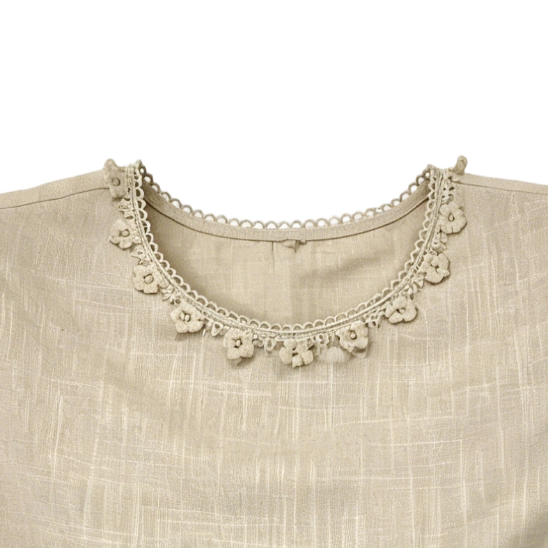 Women’s Boho Crochet Trim Linen Look Short Sleeve Top M-42312